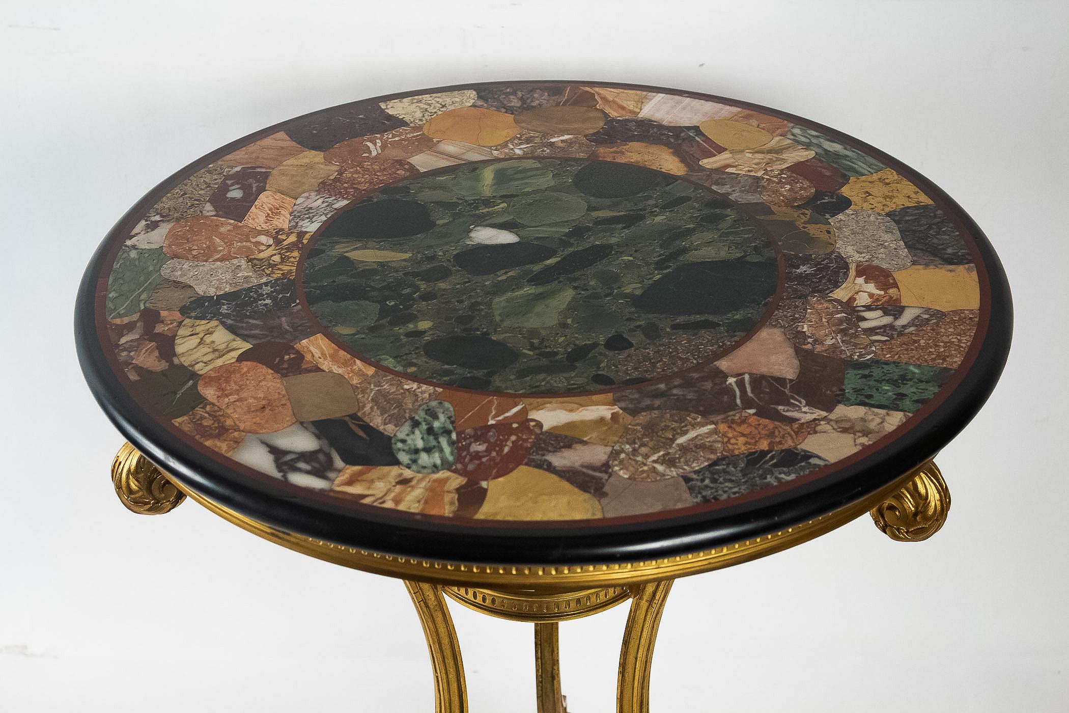 French Louis XVI Style Gilt-Bronze Gueridon Table and Marquetry Marble-Top 2