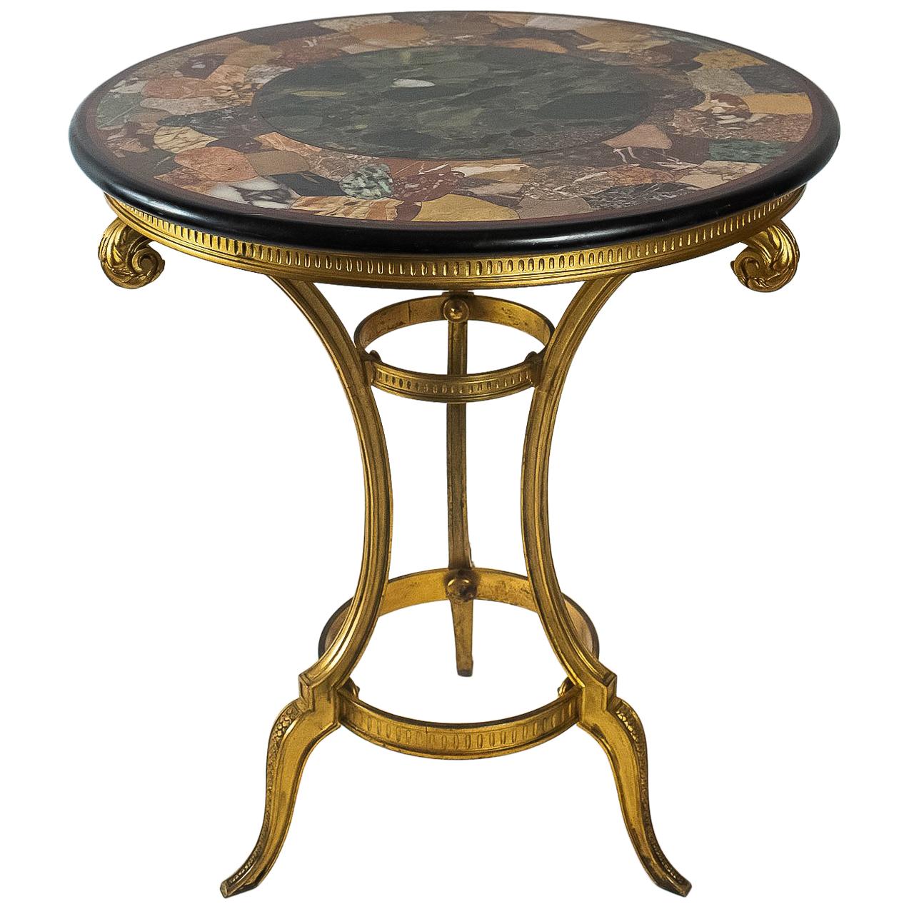 French Louis XVI Style Gilt-Bronze Gueridon Table and Marquetry Marble-Top