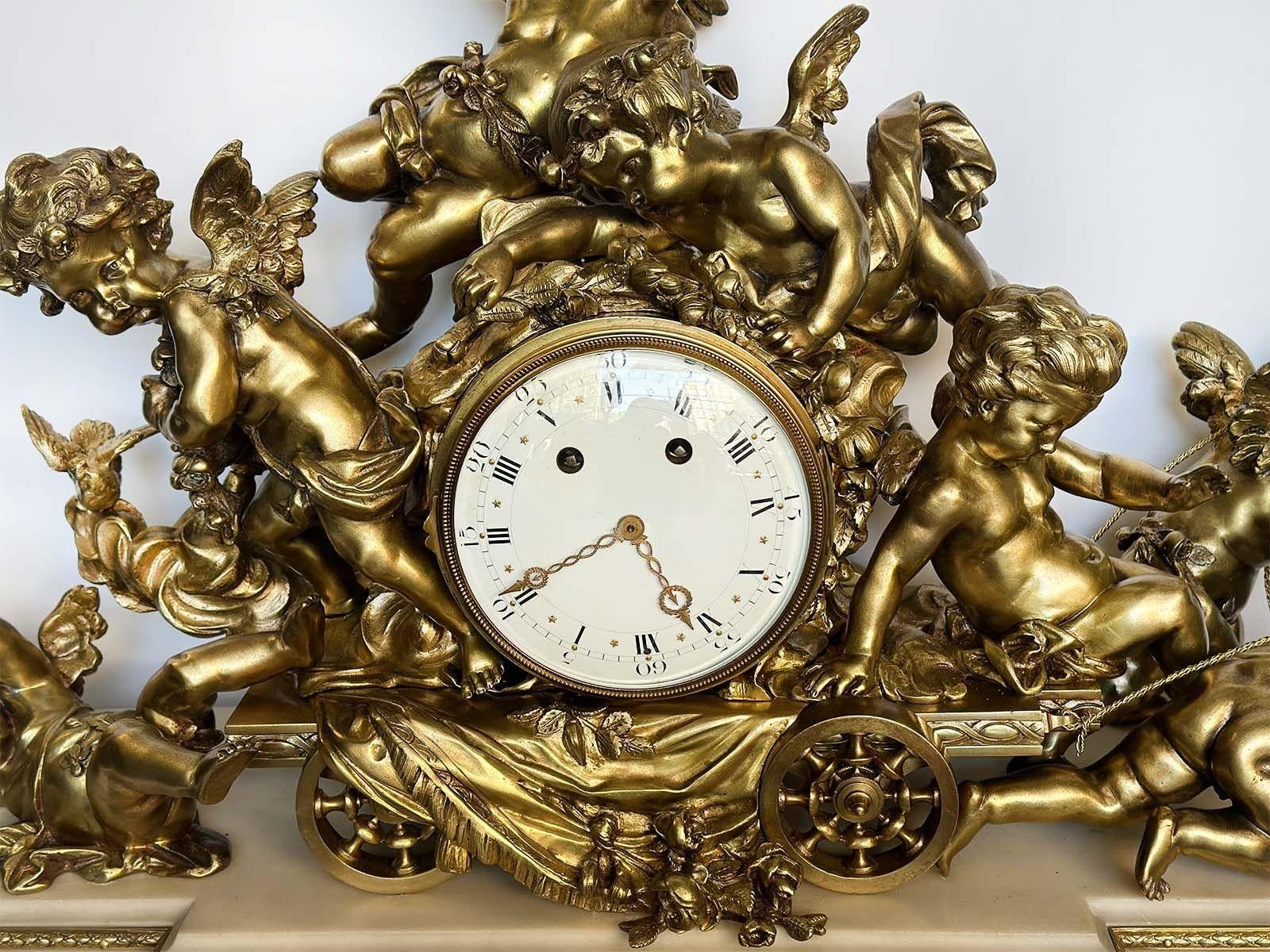 French Louis XVI Style Gilt Bronze & Marble Mantel Clock In Good Condition For Sale In Los Angeles, CA