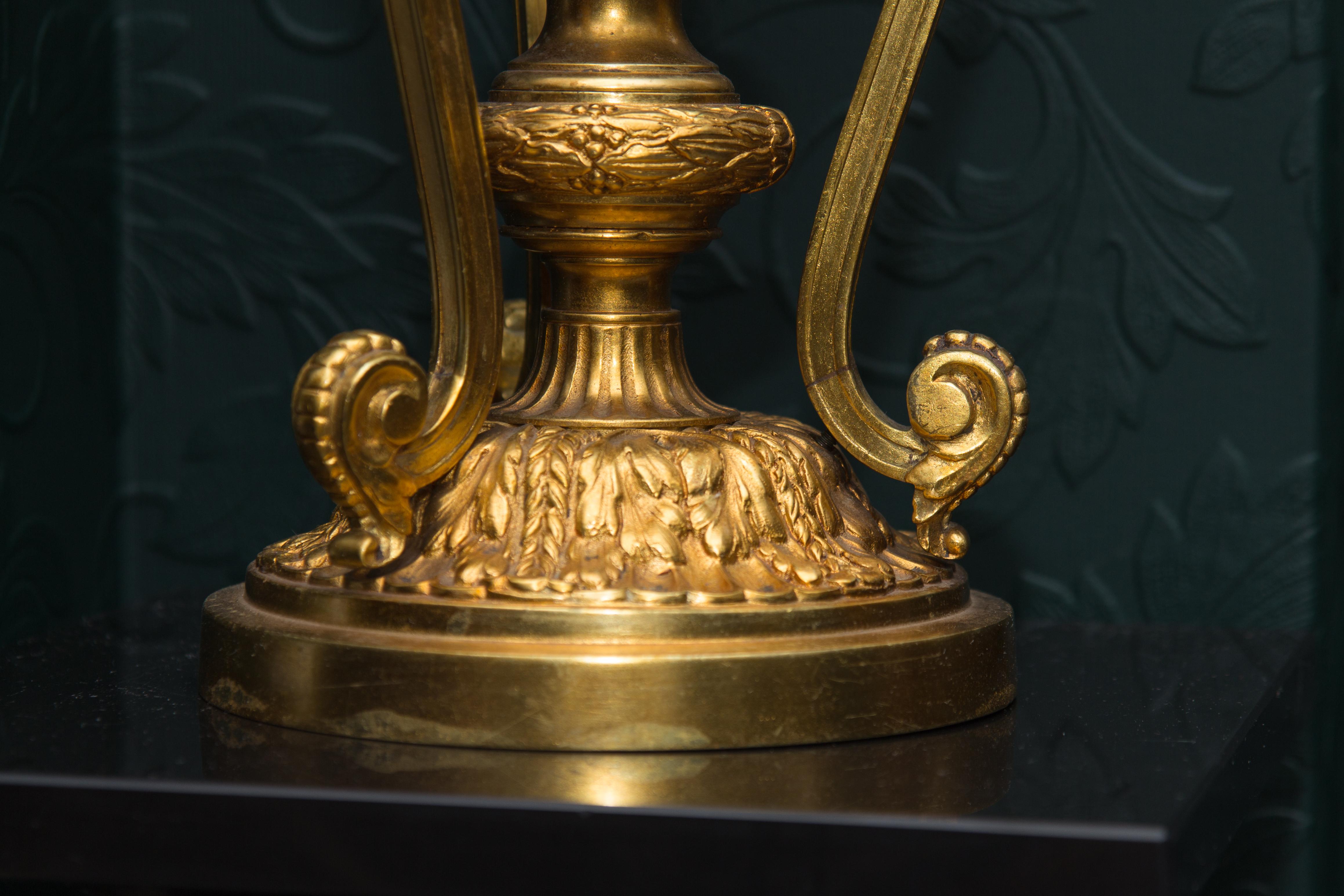 French Louis XVI Style Gilt Bronze Newel Post Lamp Frosted Glass Flame Shade 5