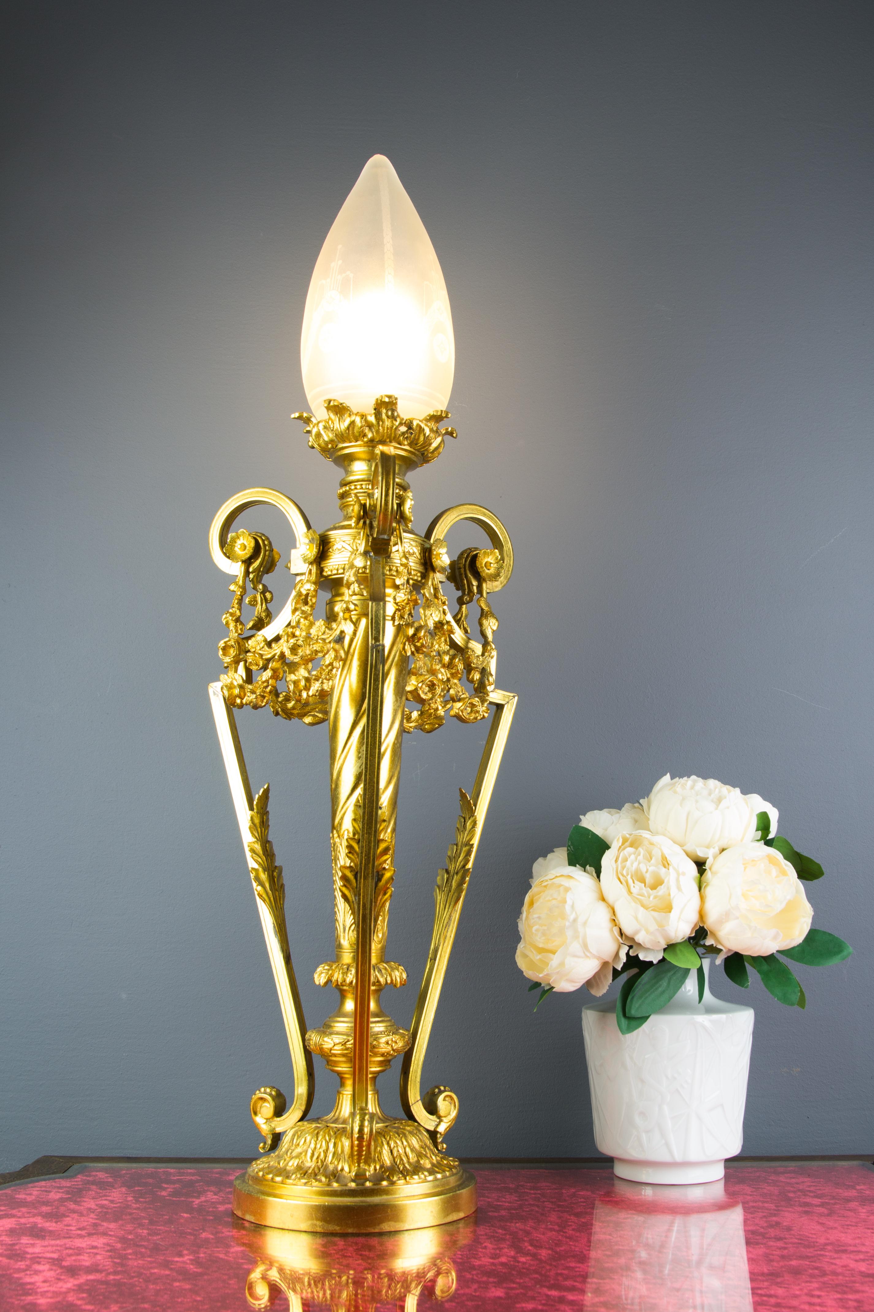 French Louis XVI Style Gilt Bronze Newel Post Lamp Frosted Glass Shade 13