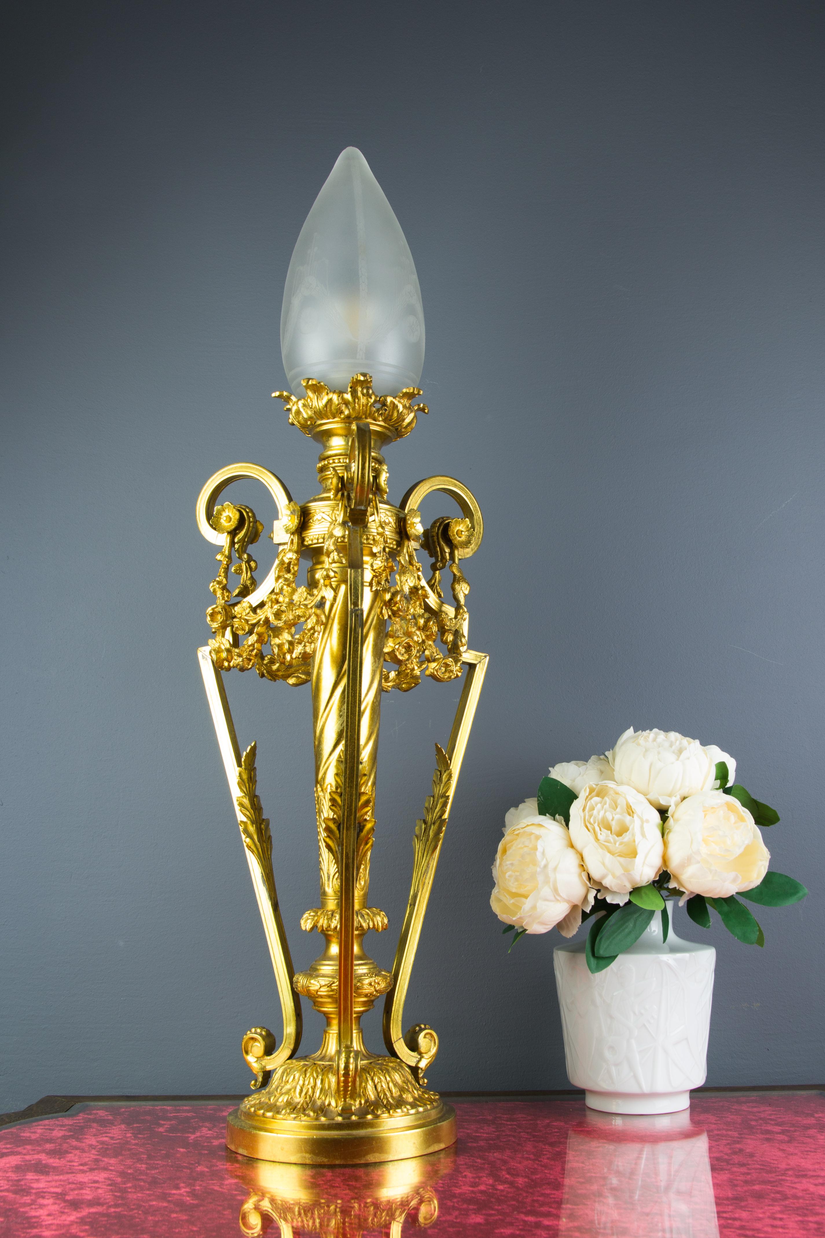 French Louis XVI Style Gilt Bronze Newel Post Lamp Frosted Glass Shade 14
