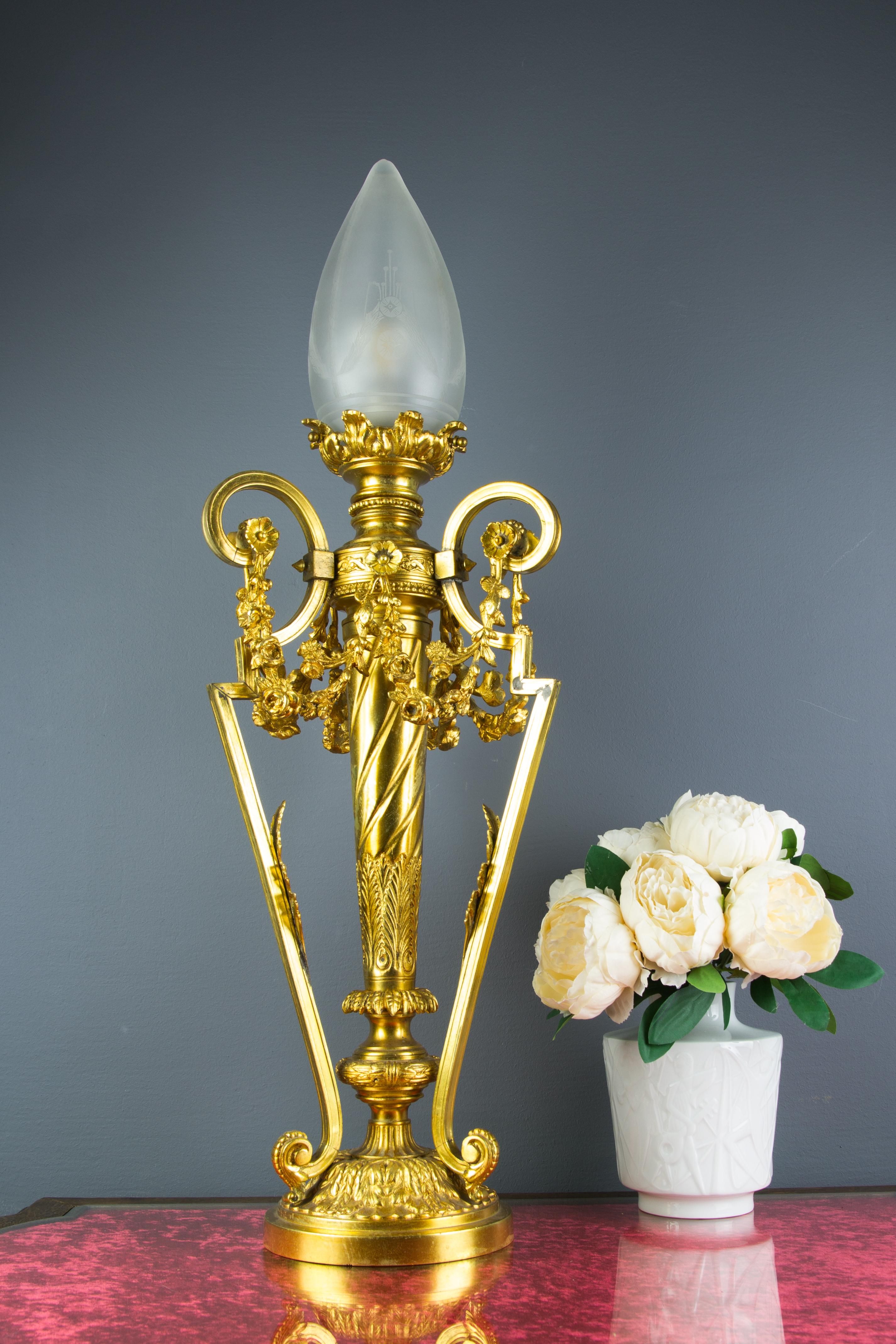 French Louis XVI Style Gilt Bronze Newel Post Lamp Frosted Glass Shade 15