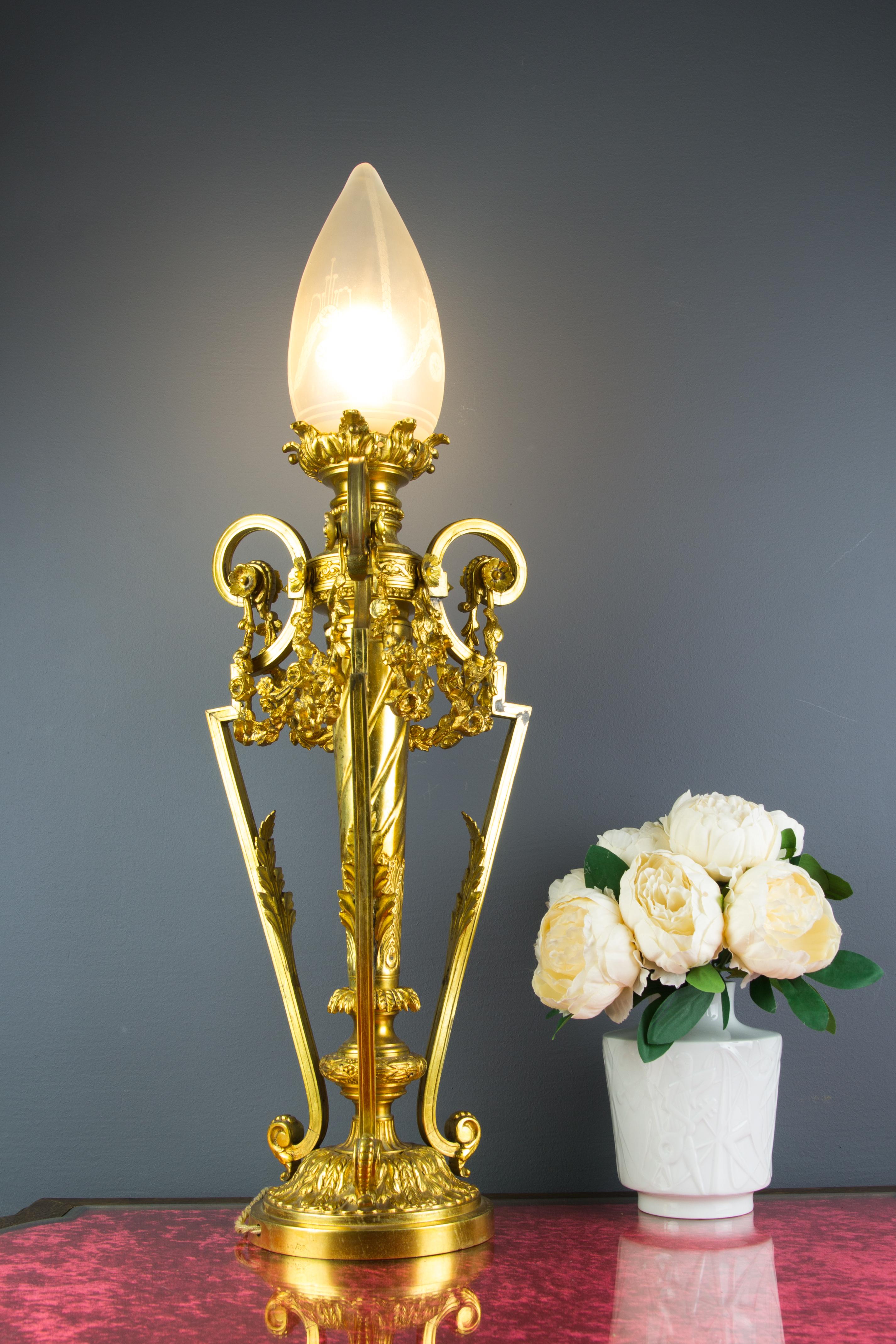 Early 20th Century French Louis XVI Style Gilt Bronze Newel Post Lamp Frosted Glass Shade