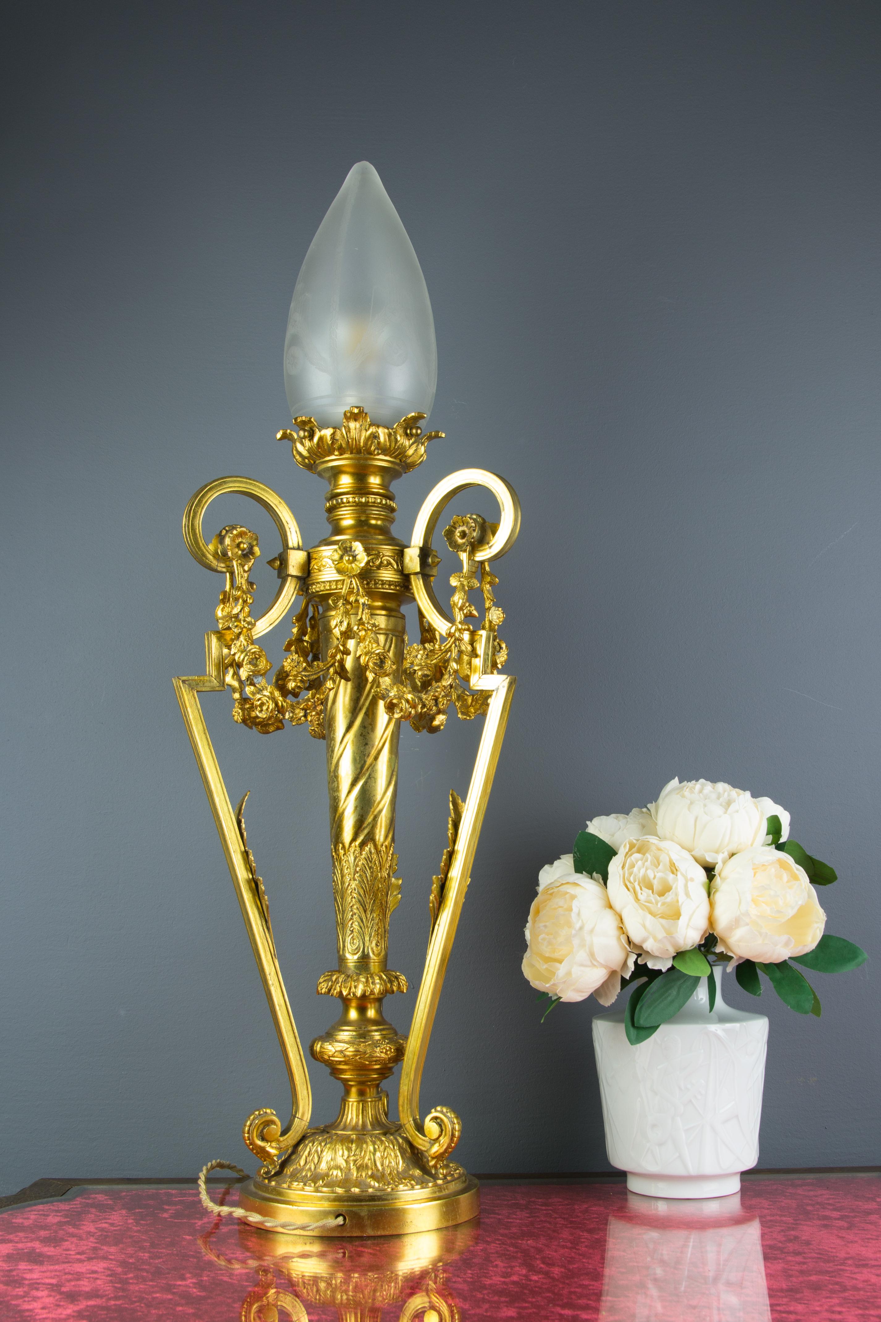 French Louis XVI Style Gilt Bronze Newel Post Lamp Frosted Glass Shade 1