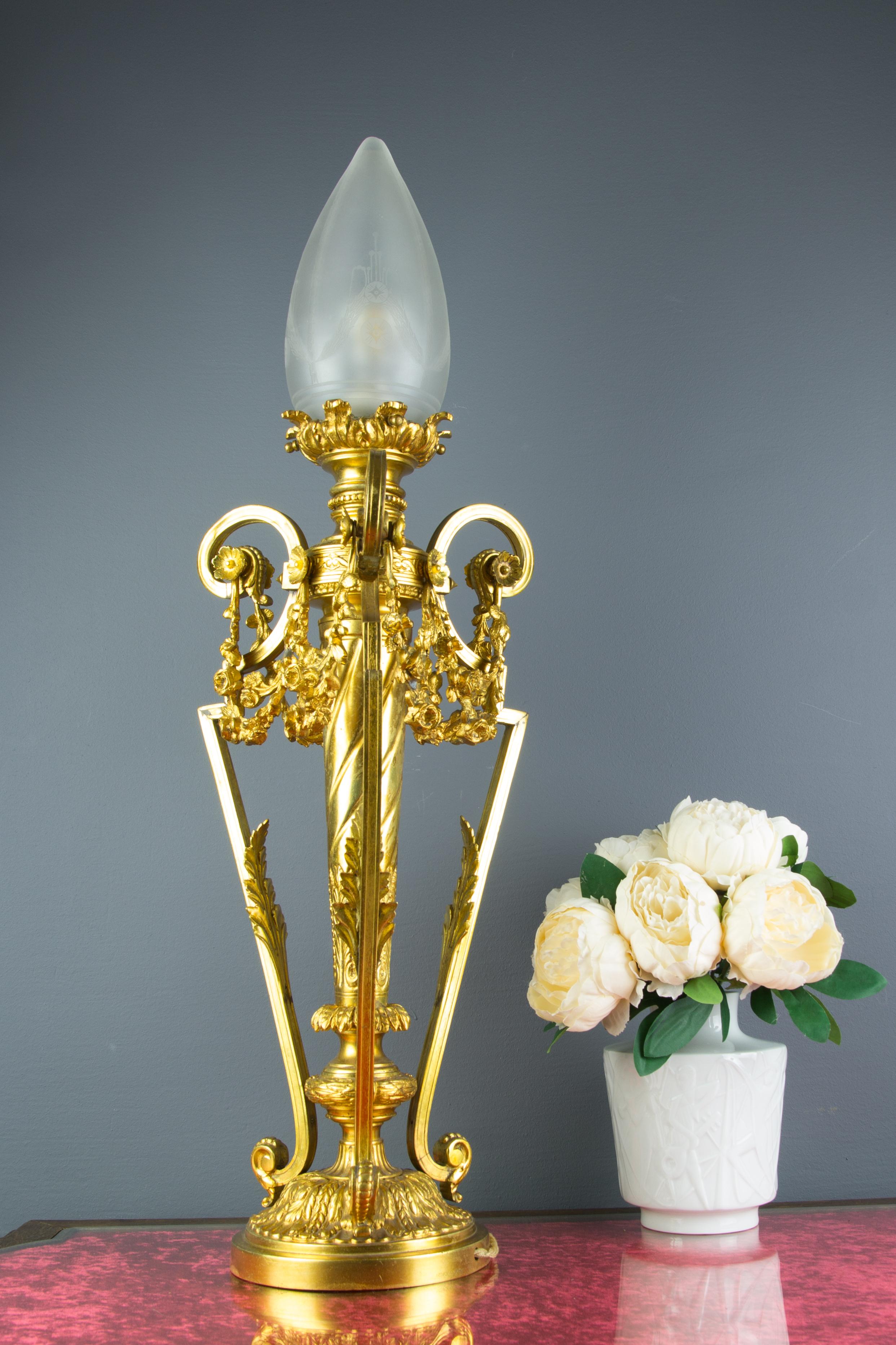 French Louis XVI Style Gilt Bronze Newel Post Lamp Frosted Glass Shade 2