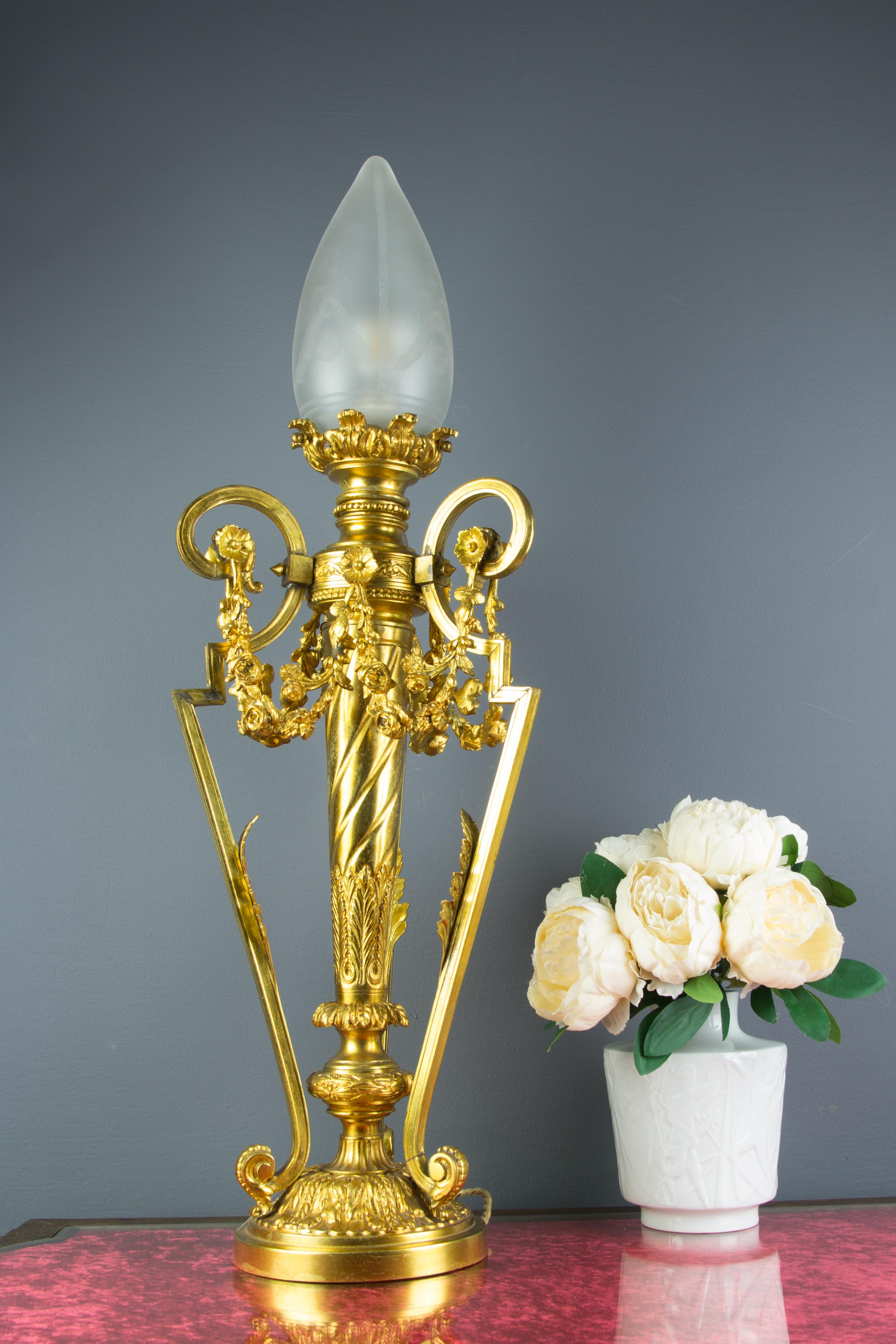 French Louis XVI Style Gilt Bronze Newel Post Lamp Frosted Glass Shade 3