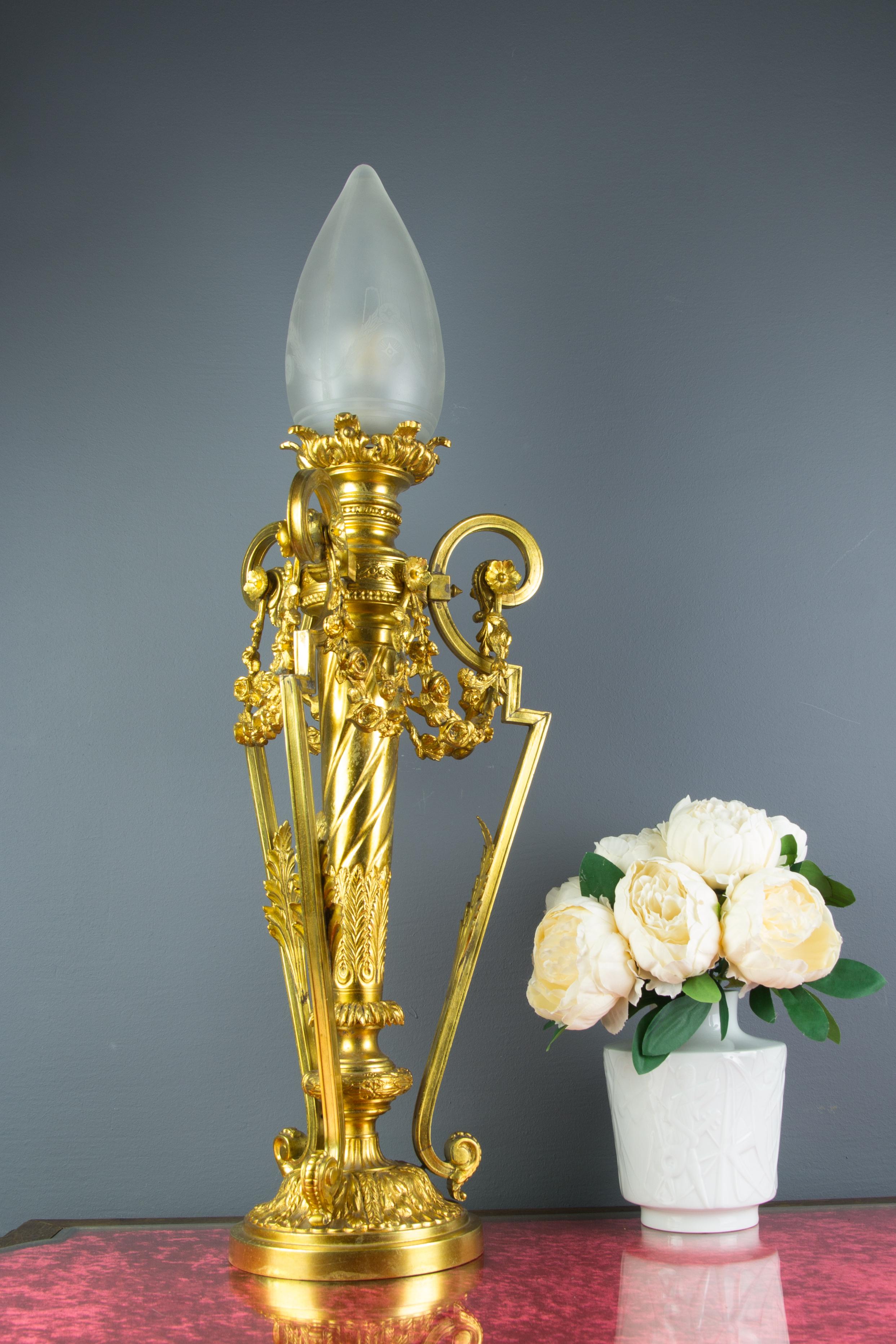 French Louis XVI Style Gilt Bronze Newel Post Lamp Frosted Glass Shade 4