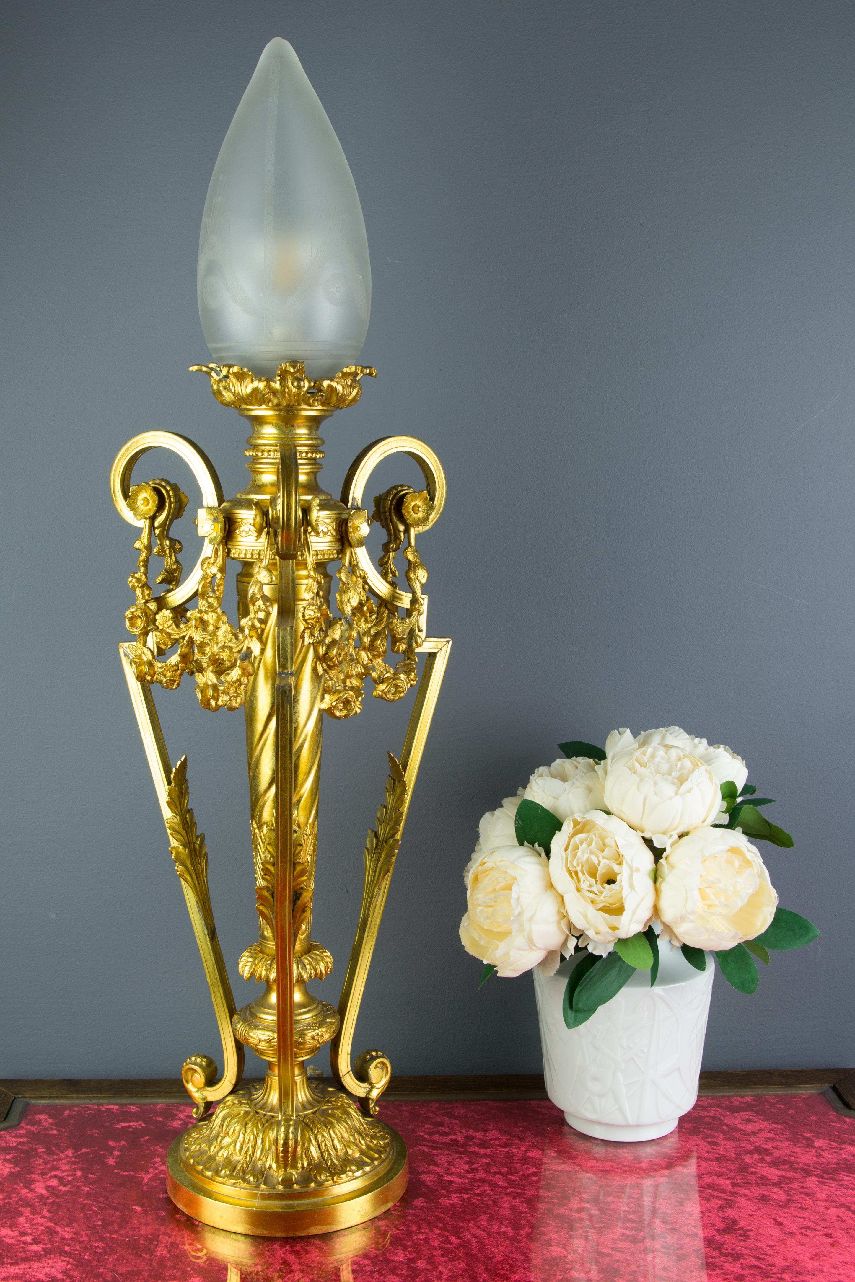 French Louis XVI Style Gilt Bronze Newel Post Lamp Frosted Glass Shade 5
