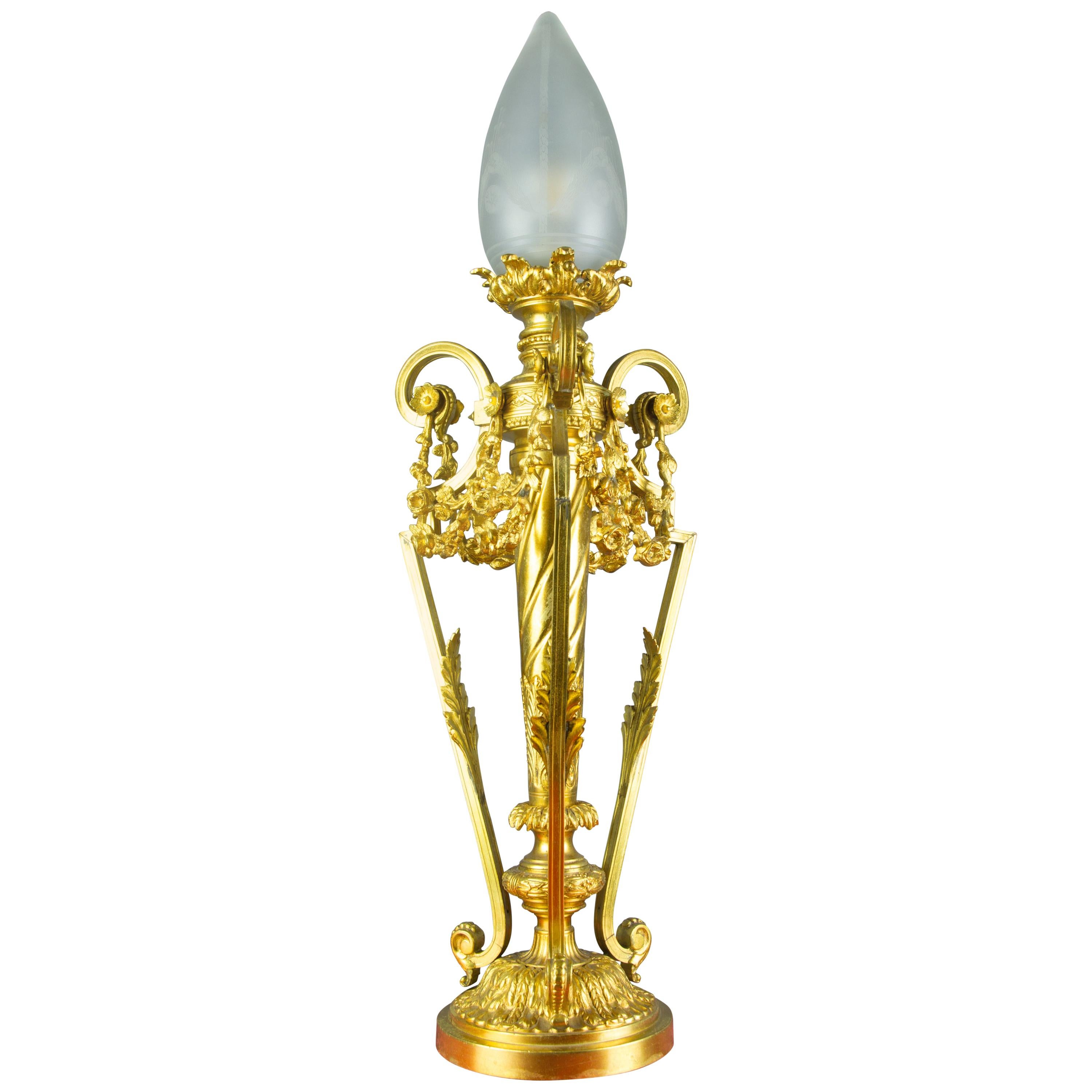 French Louis XVI Style Gilt Bronze Newel Post Lamp Frosted Glass Shade