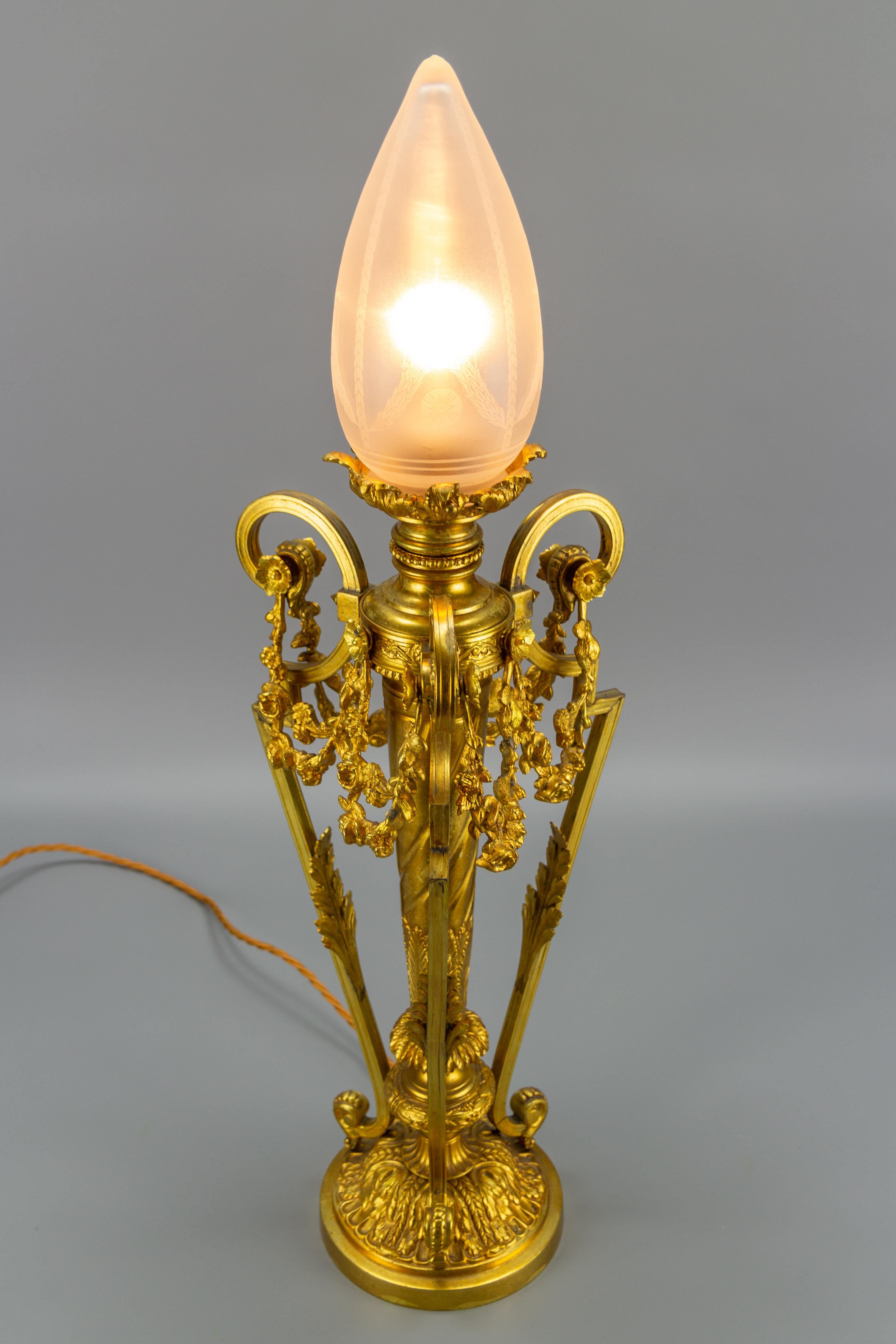 French Louis XVI Style Gilt Bronze Newel Post Lamp with Frosted Glass Lampshade 4