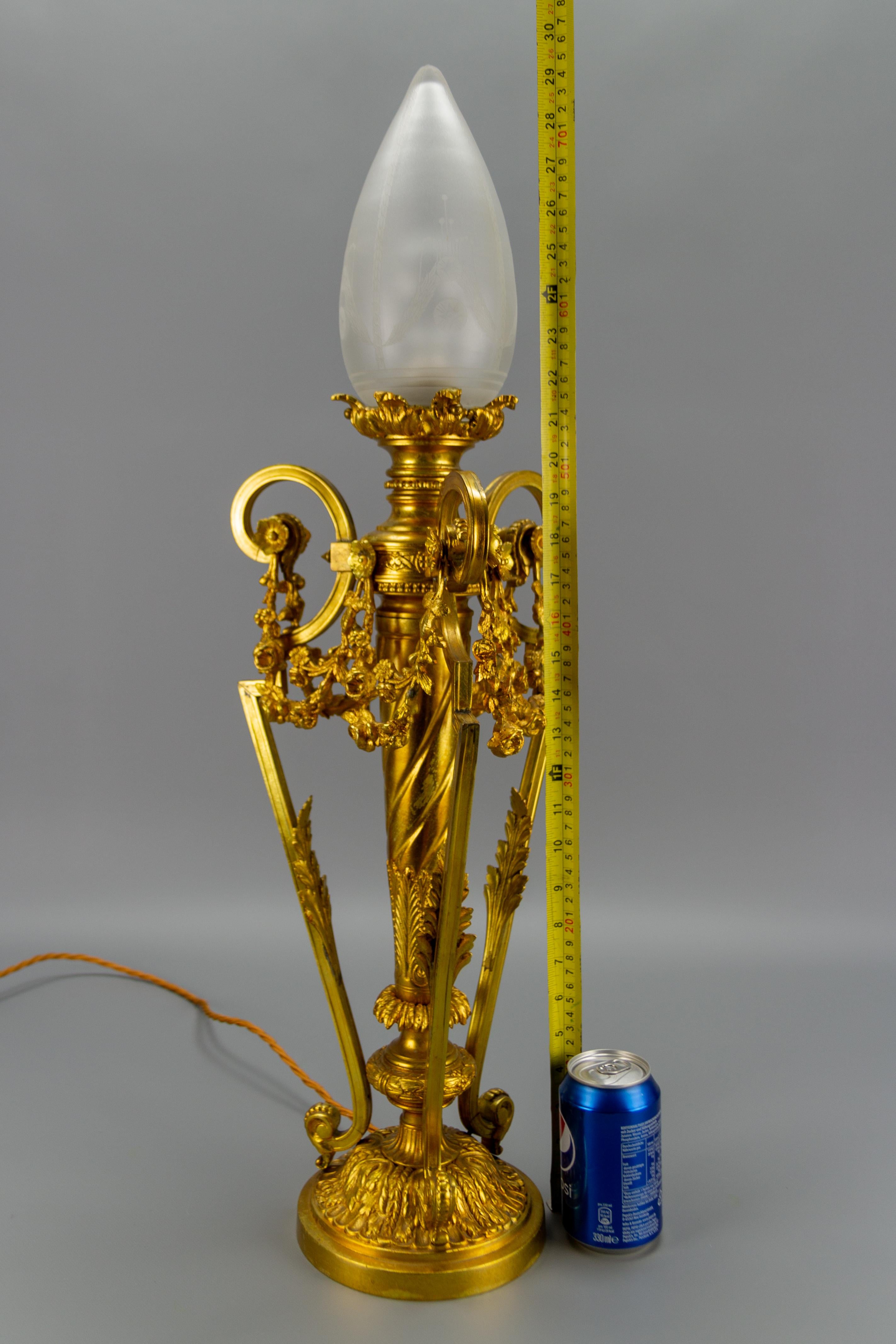 French Louis XVI Style Gilt Bronze Newel Post Lamp with Frosted Glass Lampshade 6