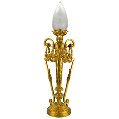 Antique French Louis XVI Style Gilt Bronze Newel Post Lamp with Frosted Glass Lampshade