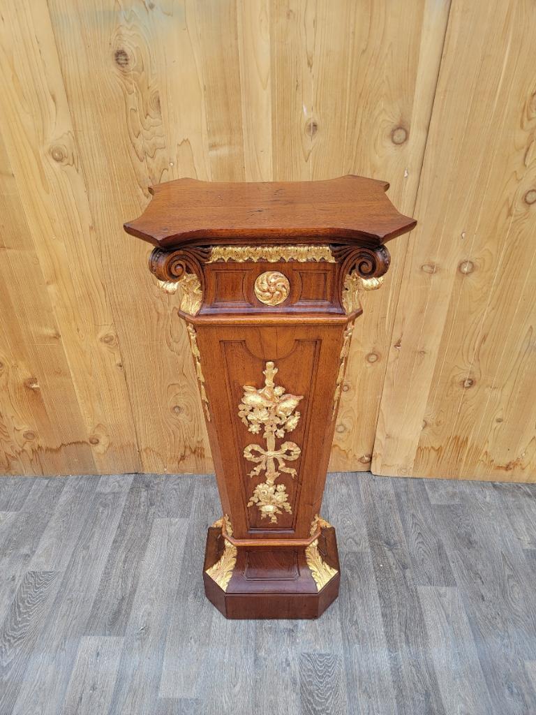 19th Century French Louis XVI Style Gilt Bronze Ormolu Mounted Floral Marquetry Pedestal For Sale