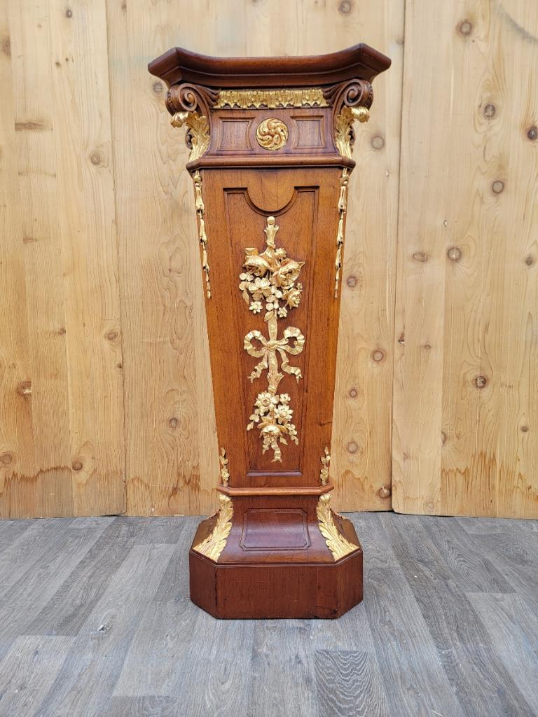 French Louis XVI Style Gilt Bronze Ormolu Mounted Floral Marquetry Pedestal For Sale 1