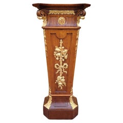 Antique French Louis XVI Style Gilt Bronze Ormolu Mounted Floral Marquetry Pedestal