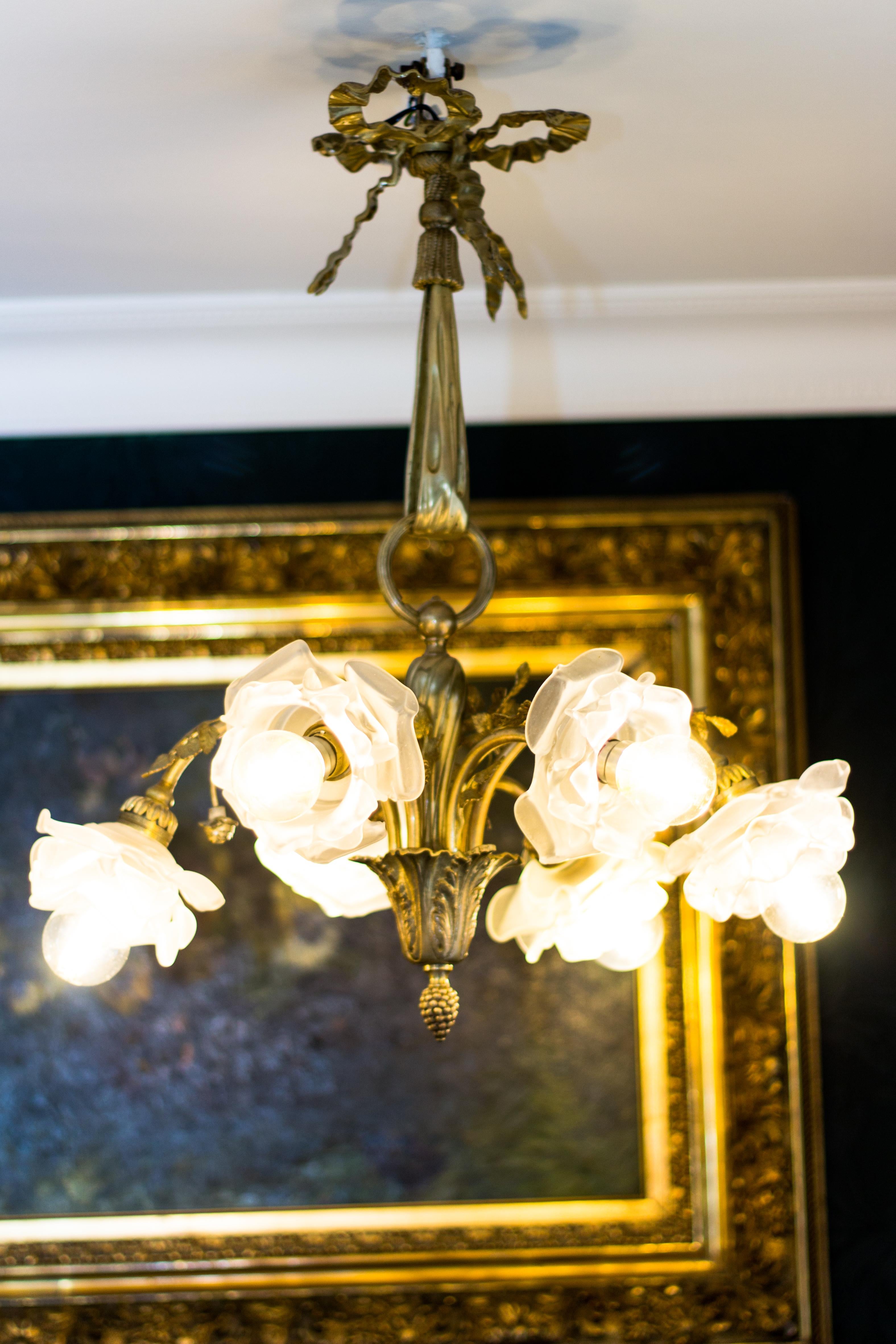 Frosted French Louis XVI Style Gilt Bronze Six-Light Chandelier