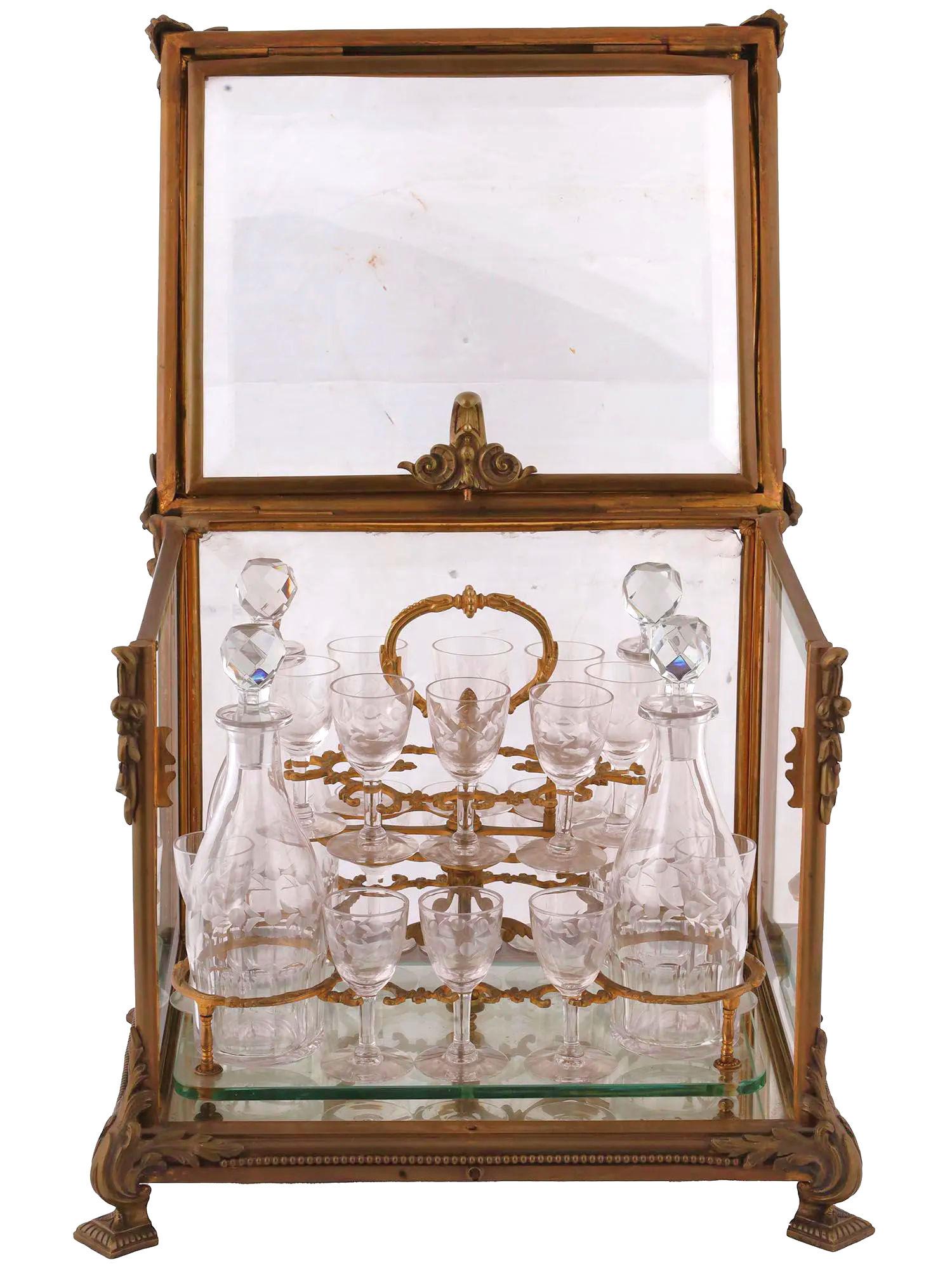 19th Century French Louis XVI Style Gilt Bronze Tantalus and Glassware Set