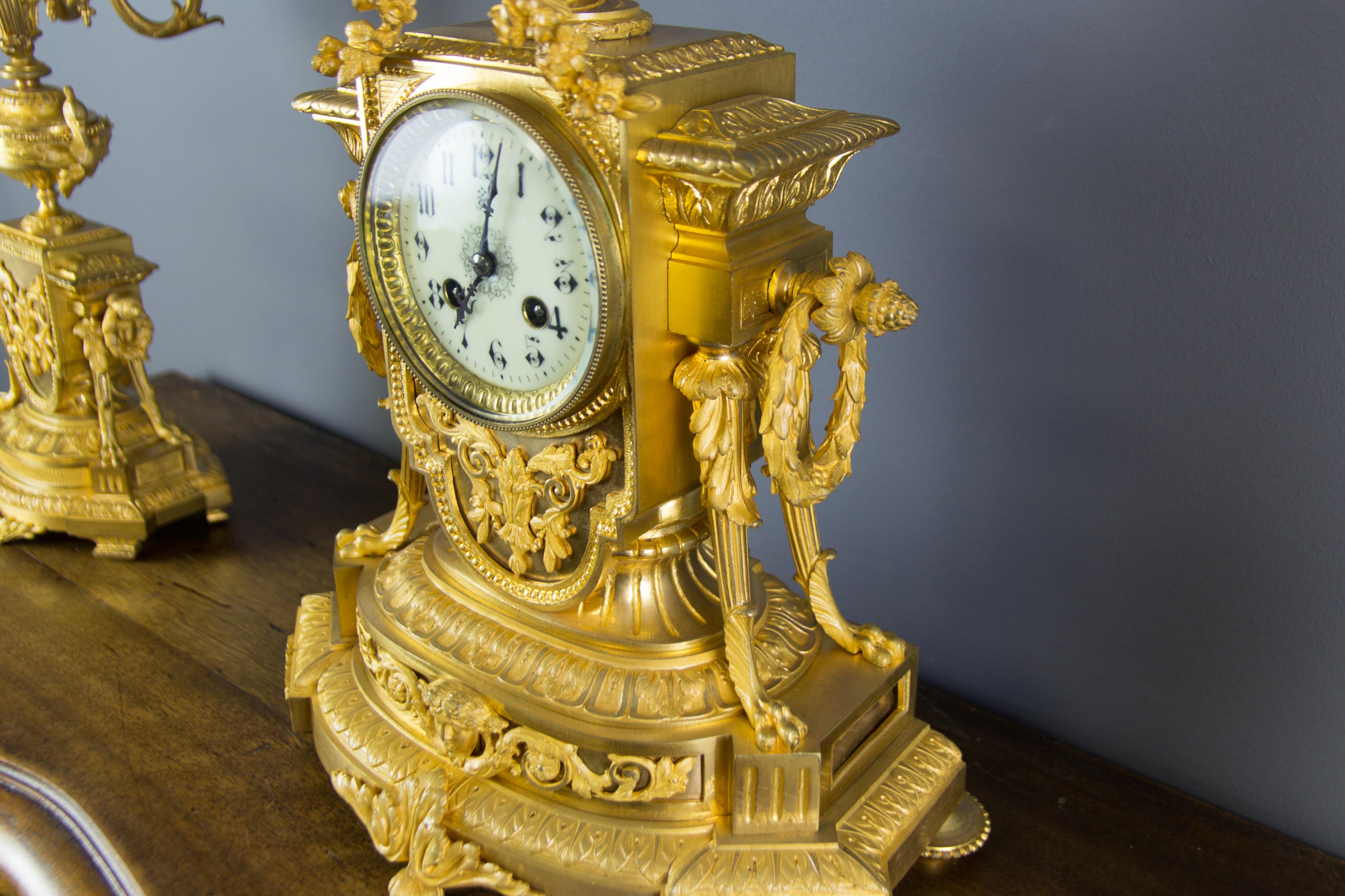 French Louis XVI Style Gilt Bronze Three-Piece Garniture Clock Set 5