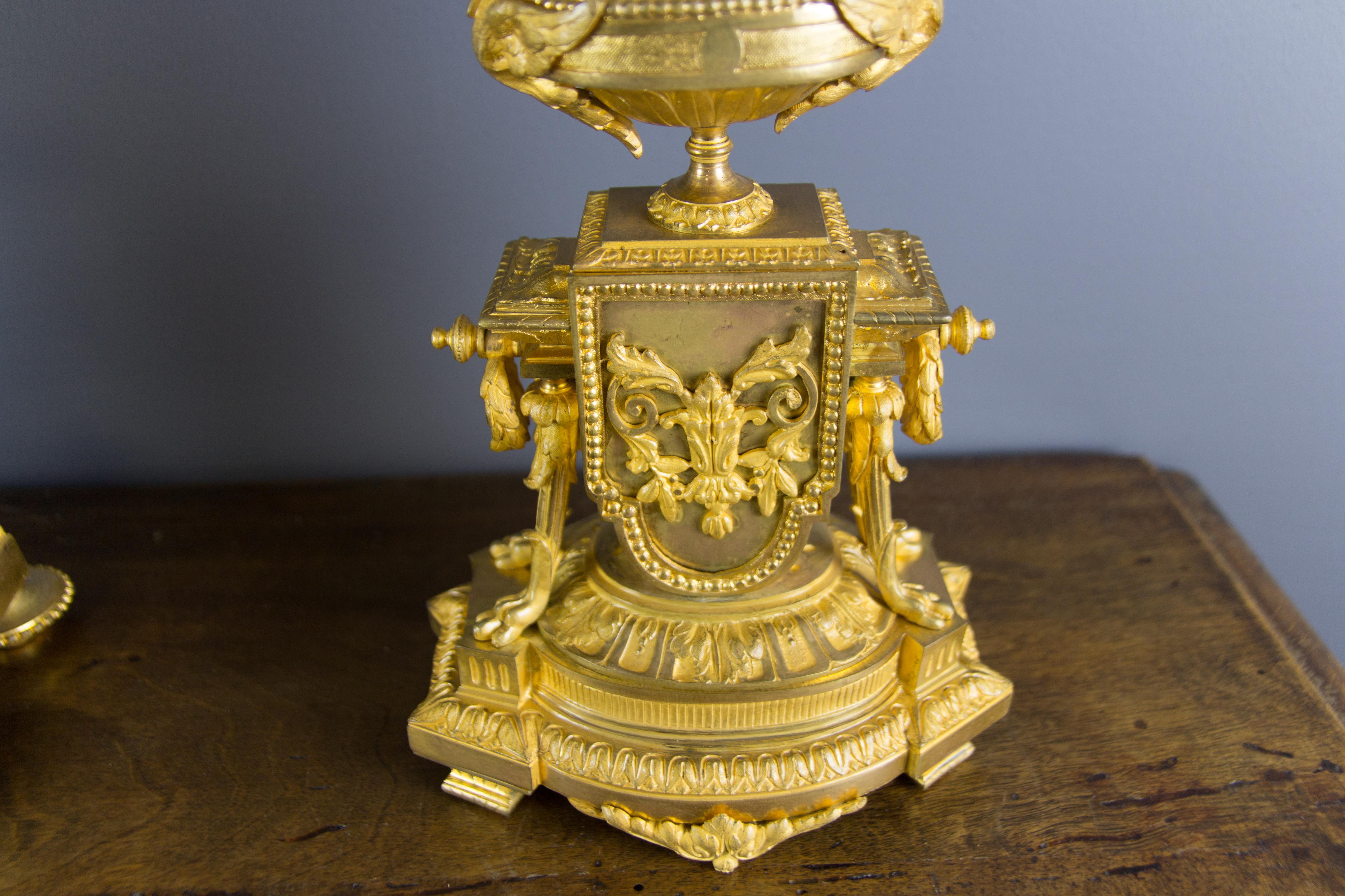 French Louis XVI Style Gilt Bronze Three-Piece Garniture Clock Set 6