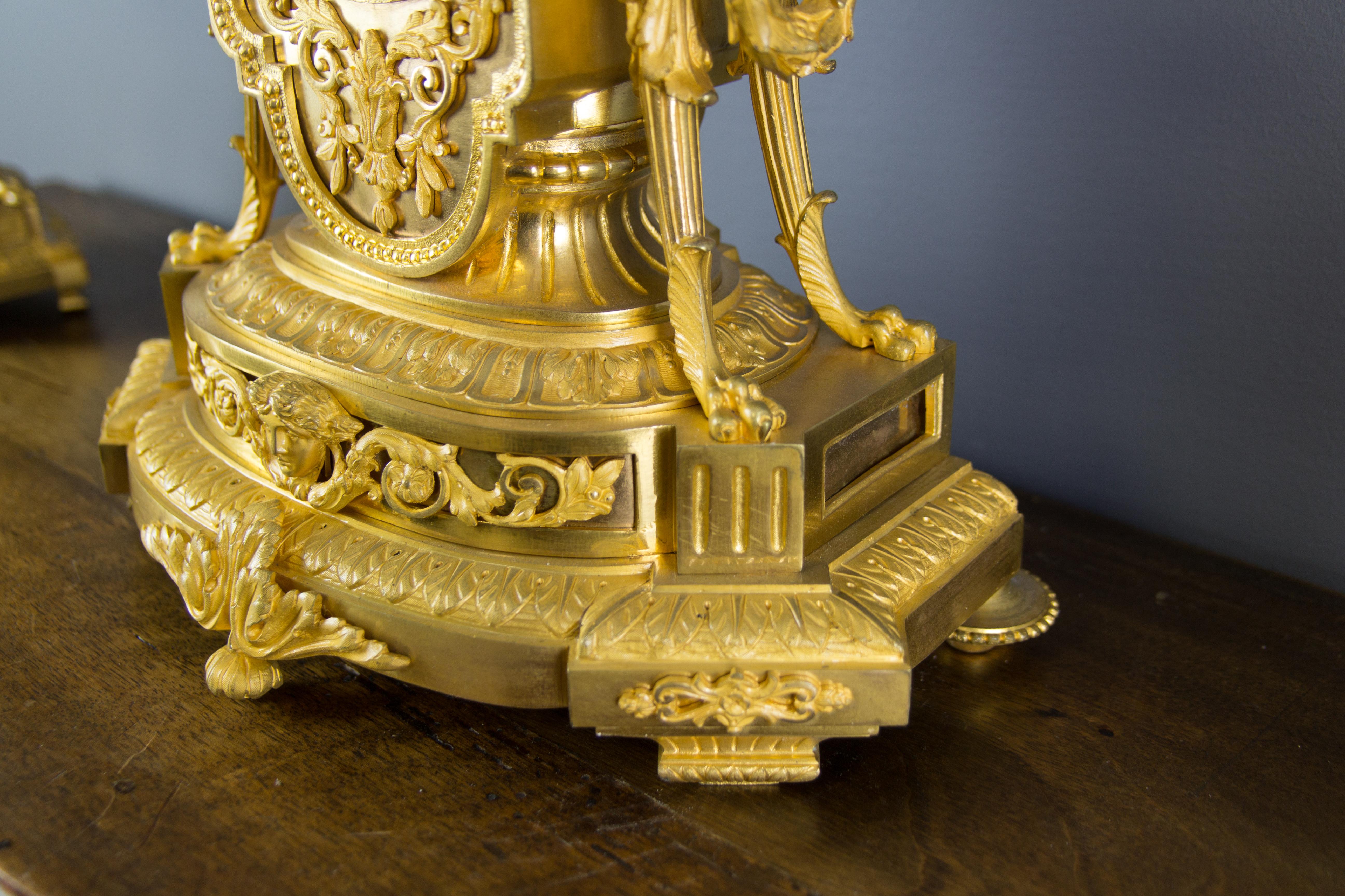 French Louis XVI Style Gilt Bronze Three-Piece Garniture Clock Set 8
