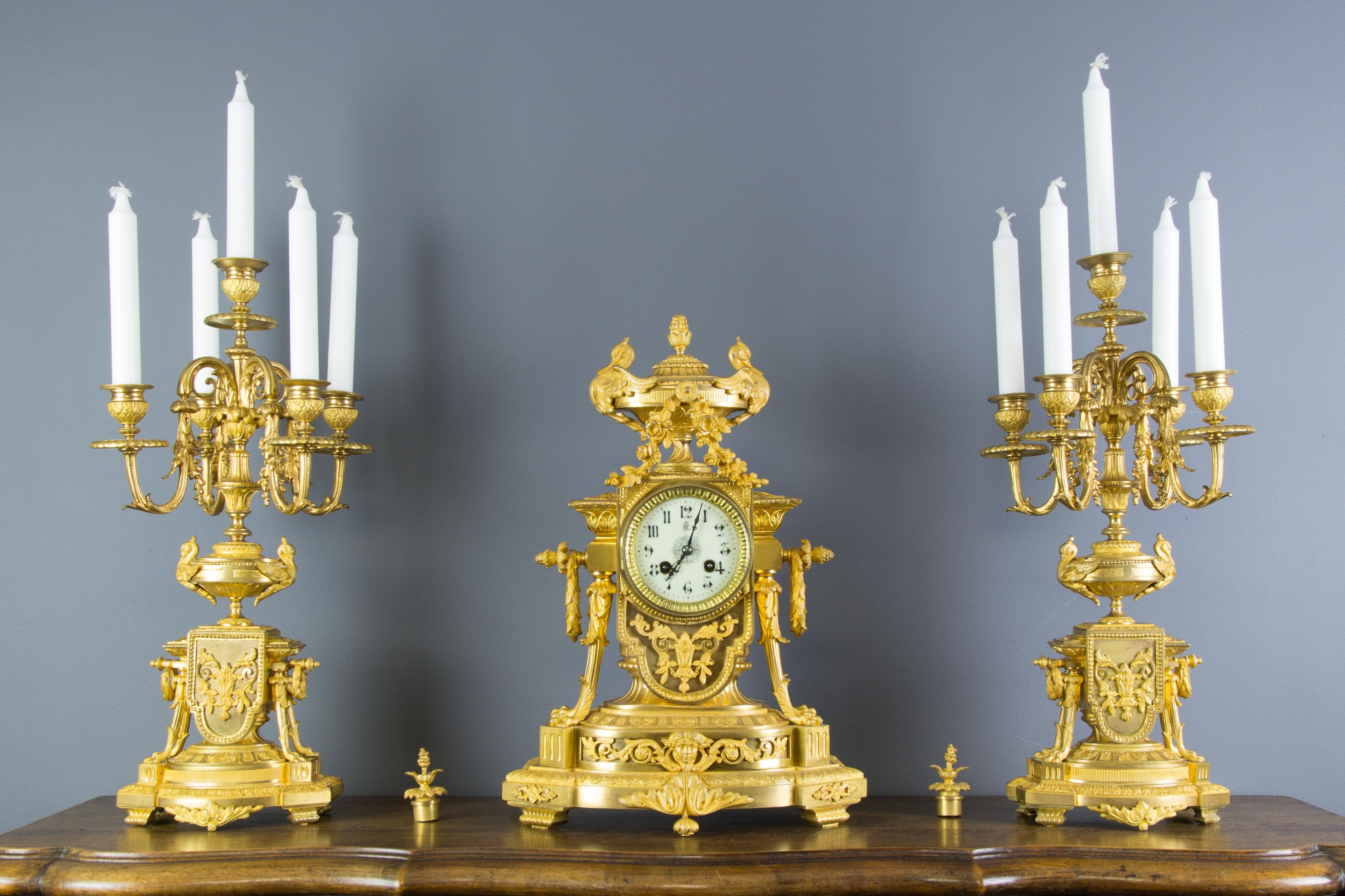 French Louis XVI Style Gilt Bronze Three-Piece Garniture Clock Set 11