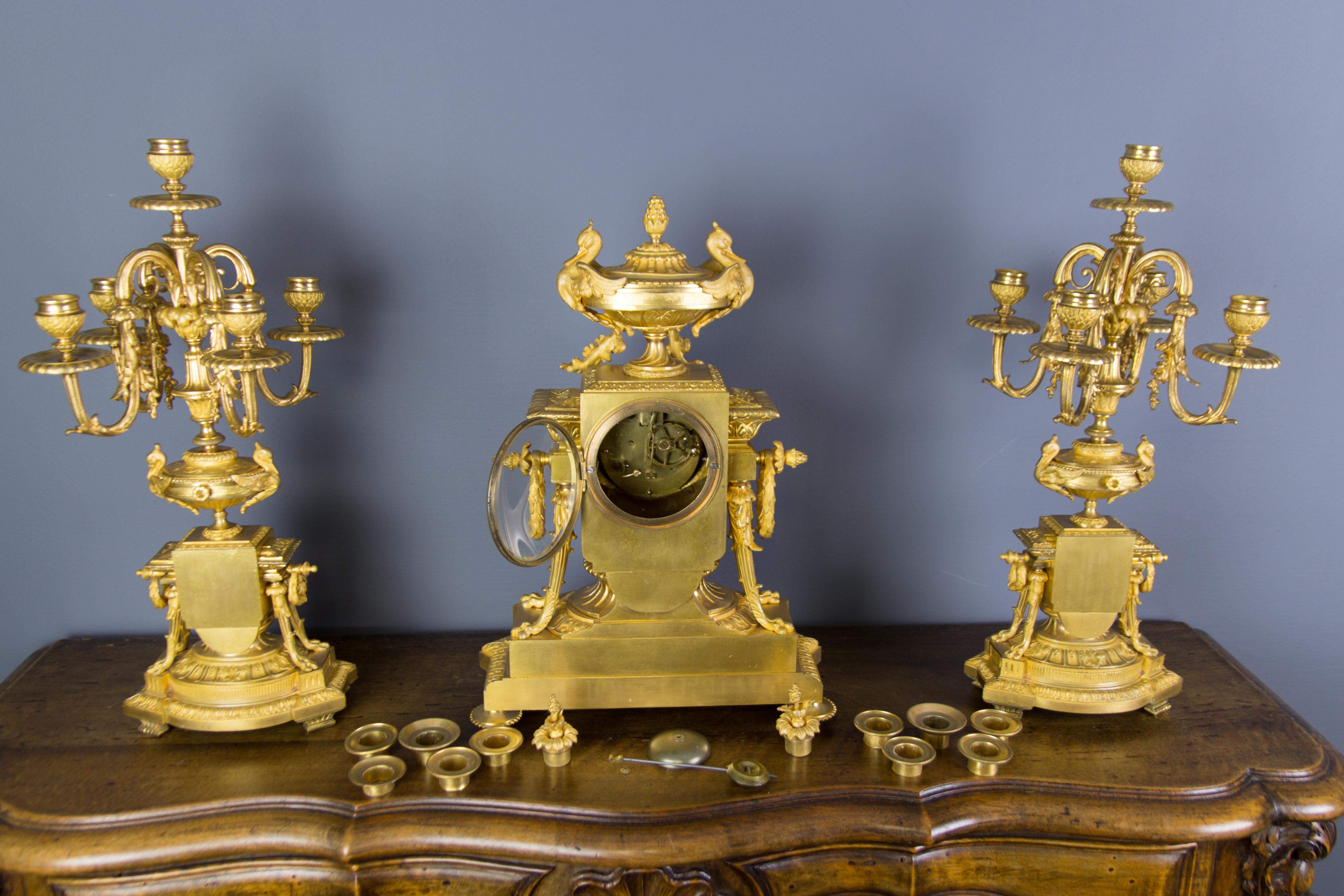 French Louis XVI Style Gilt Bronze Three-Piece Garniture Clock Set 12