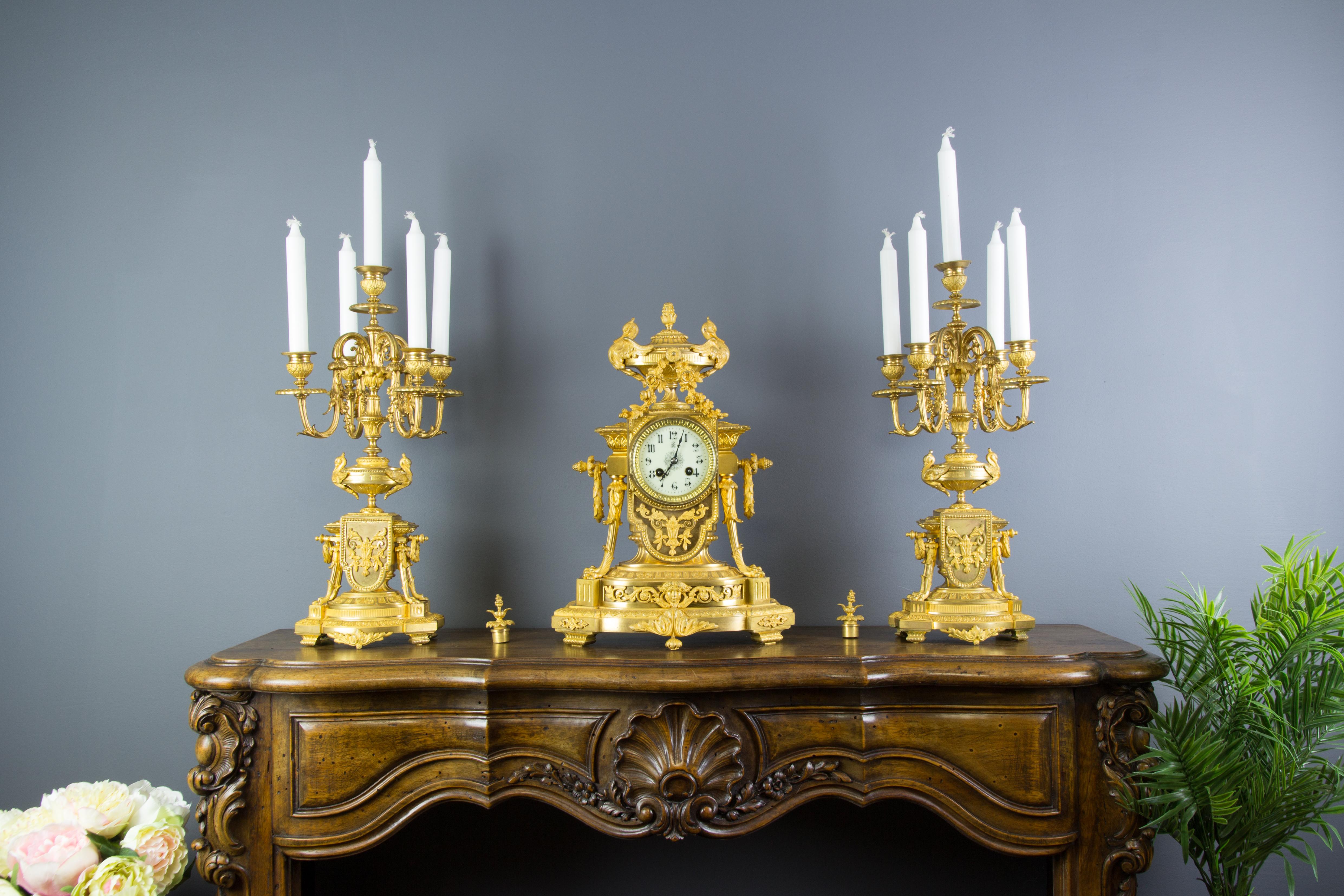 French Louis XVI Style Gilt Bronze Three-Piece Garniture Clock Set 13
