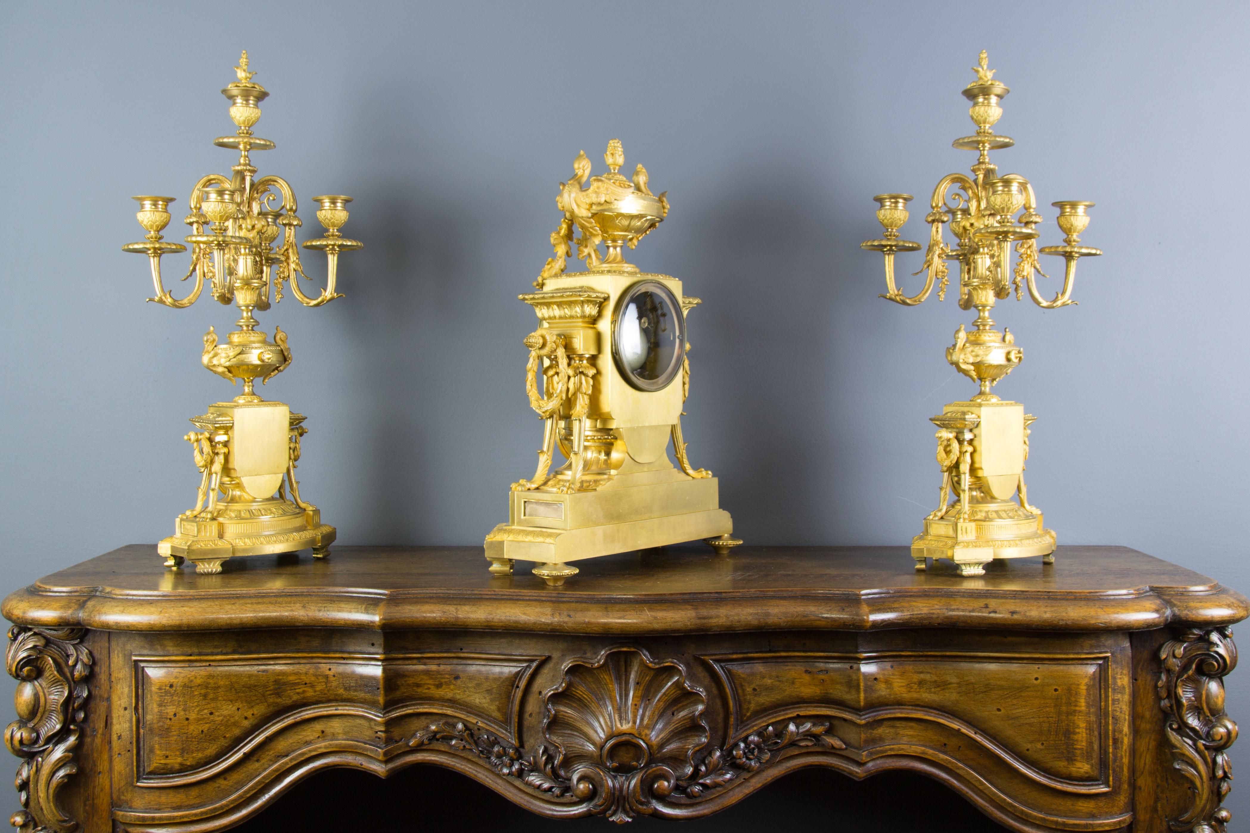 French Louis XVI Style Gilt Bronze Three-Piece Garniture Clock Set In Good Condition In Barntrup, DE