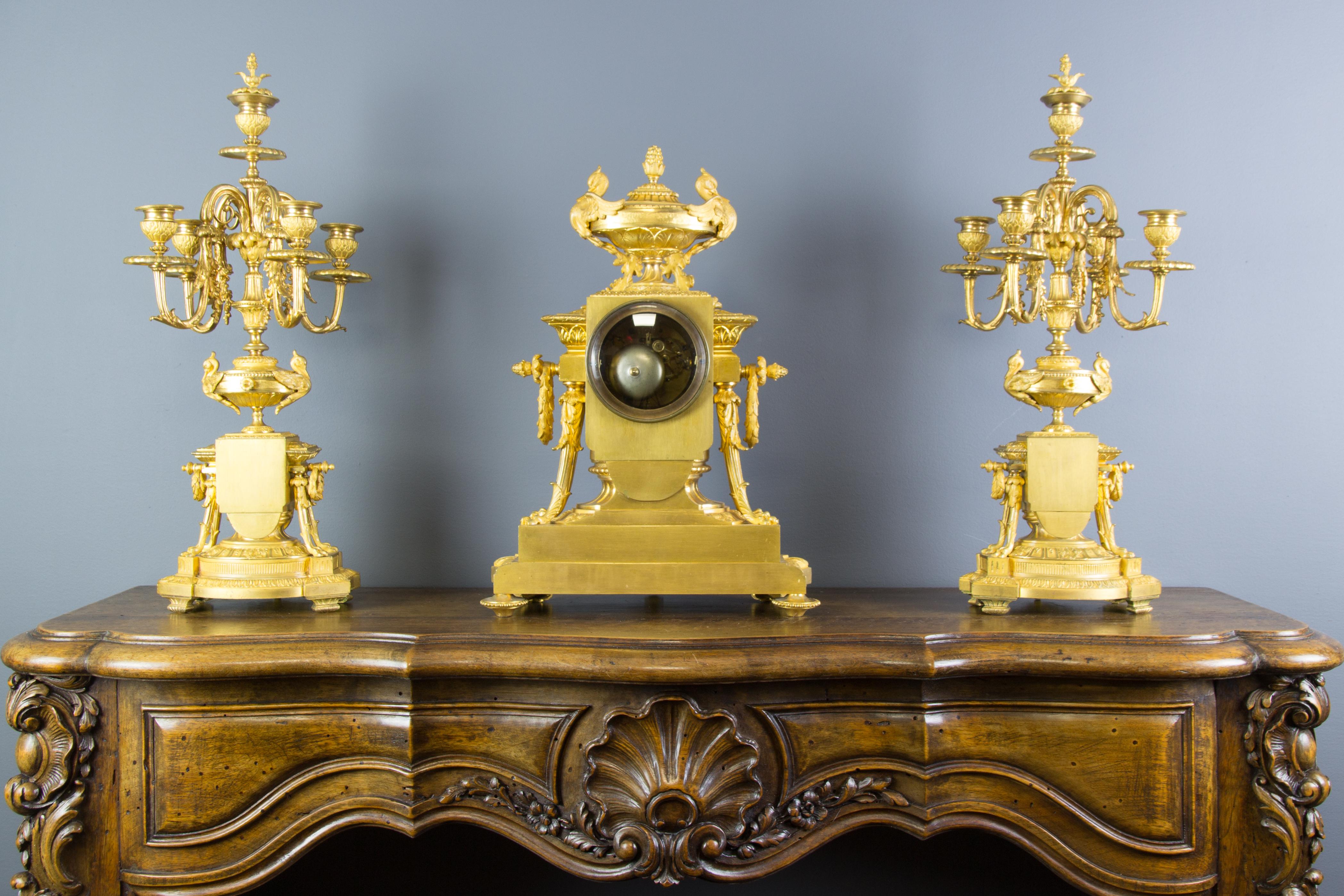 19th Century French Louis XVI Style Gilt Bronze Three-Piece Garniture Clock Set