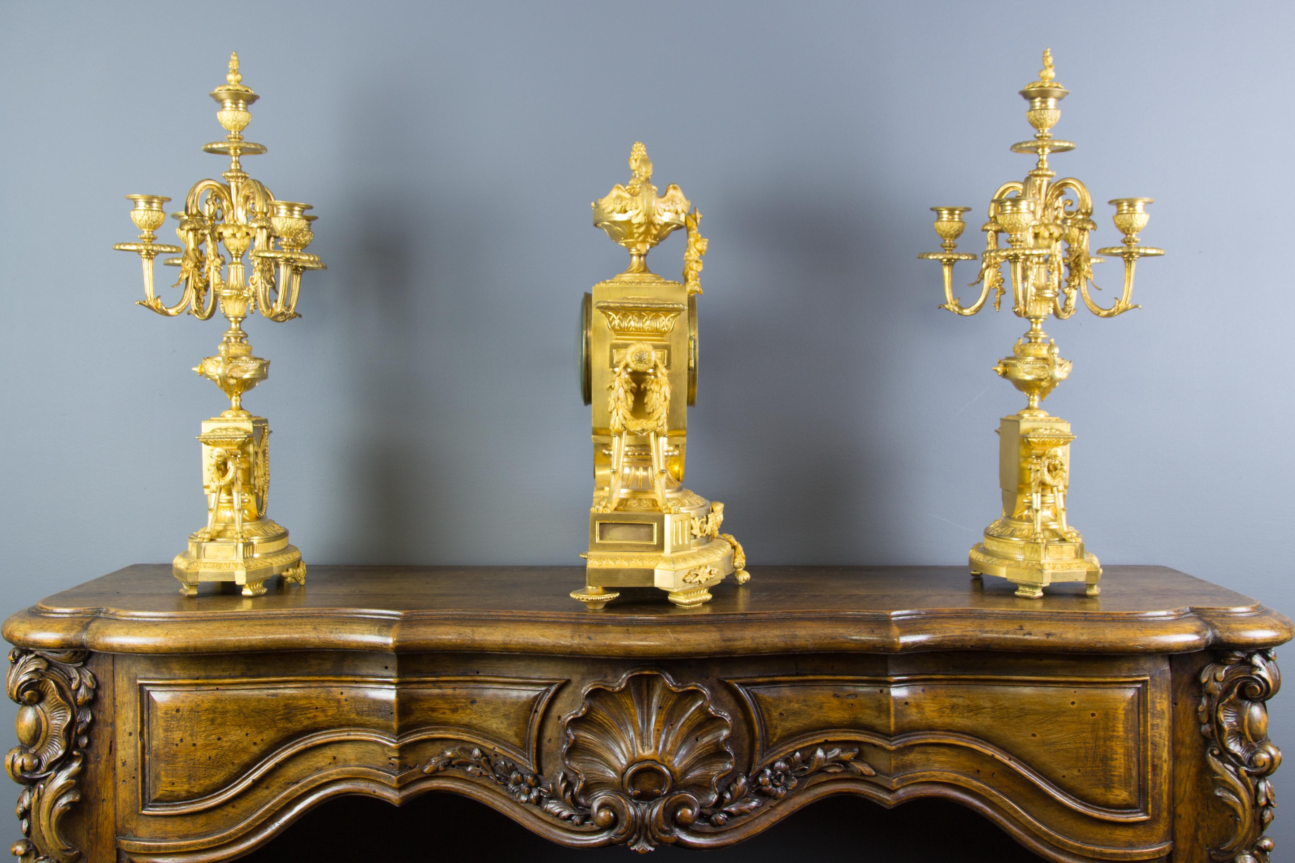 French Louis XVI Style Gilt Bronze Three-Piece Garniture Clock Set 2