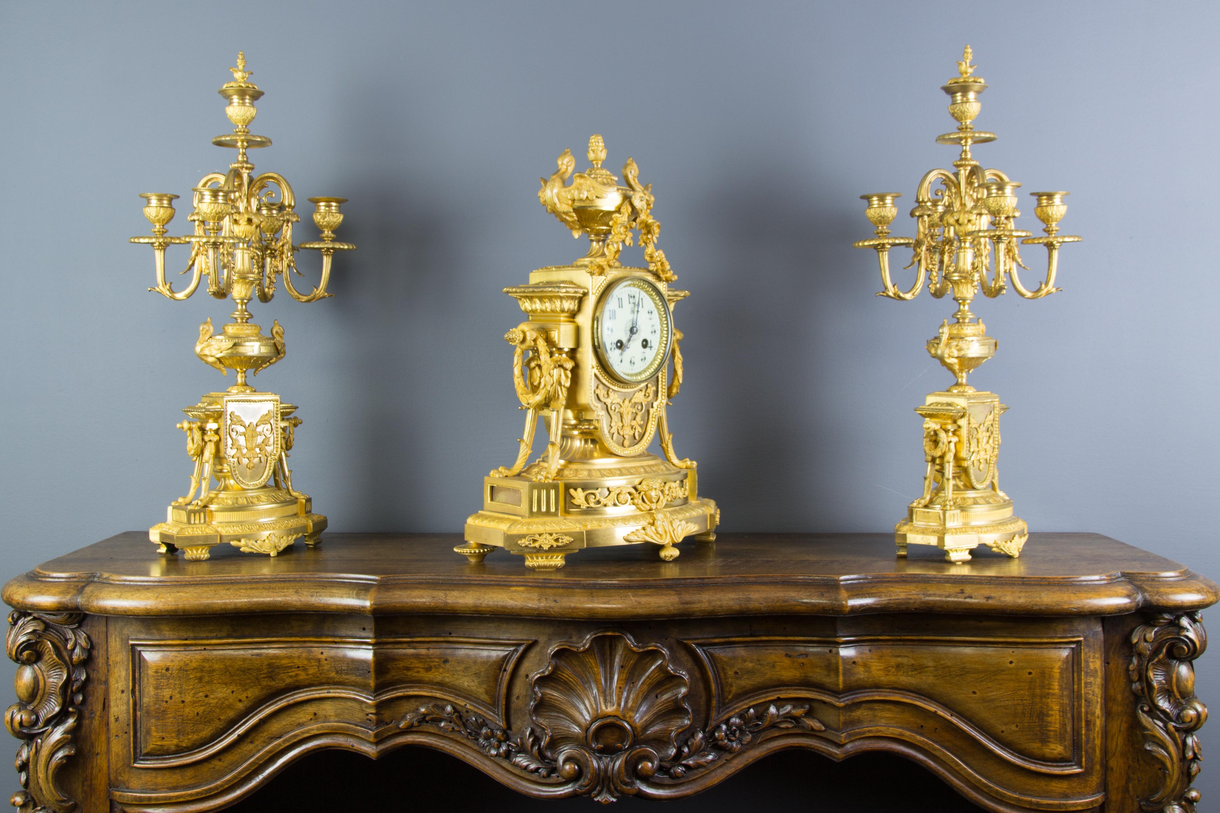 French Louis XVI Style Gilt Bronze Three-Piece Garniture Clock Set 3