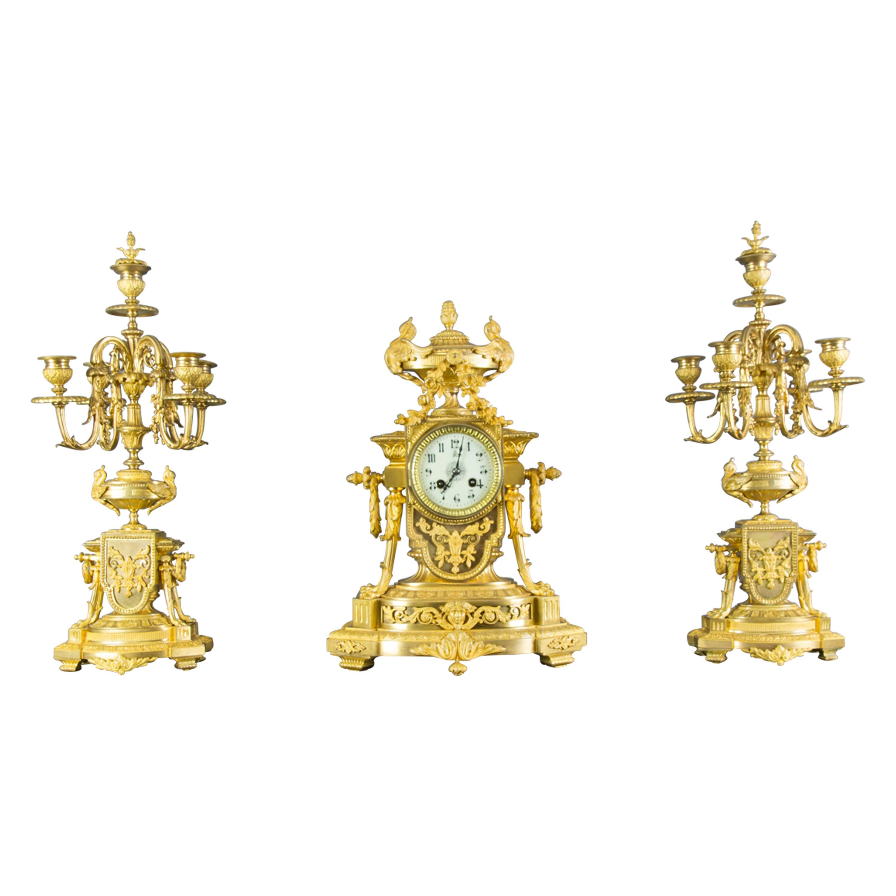 French Louis XVI Style Gilt Bronze Three-Piece Garniture Clock Set