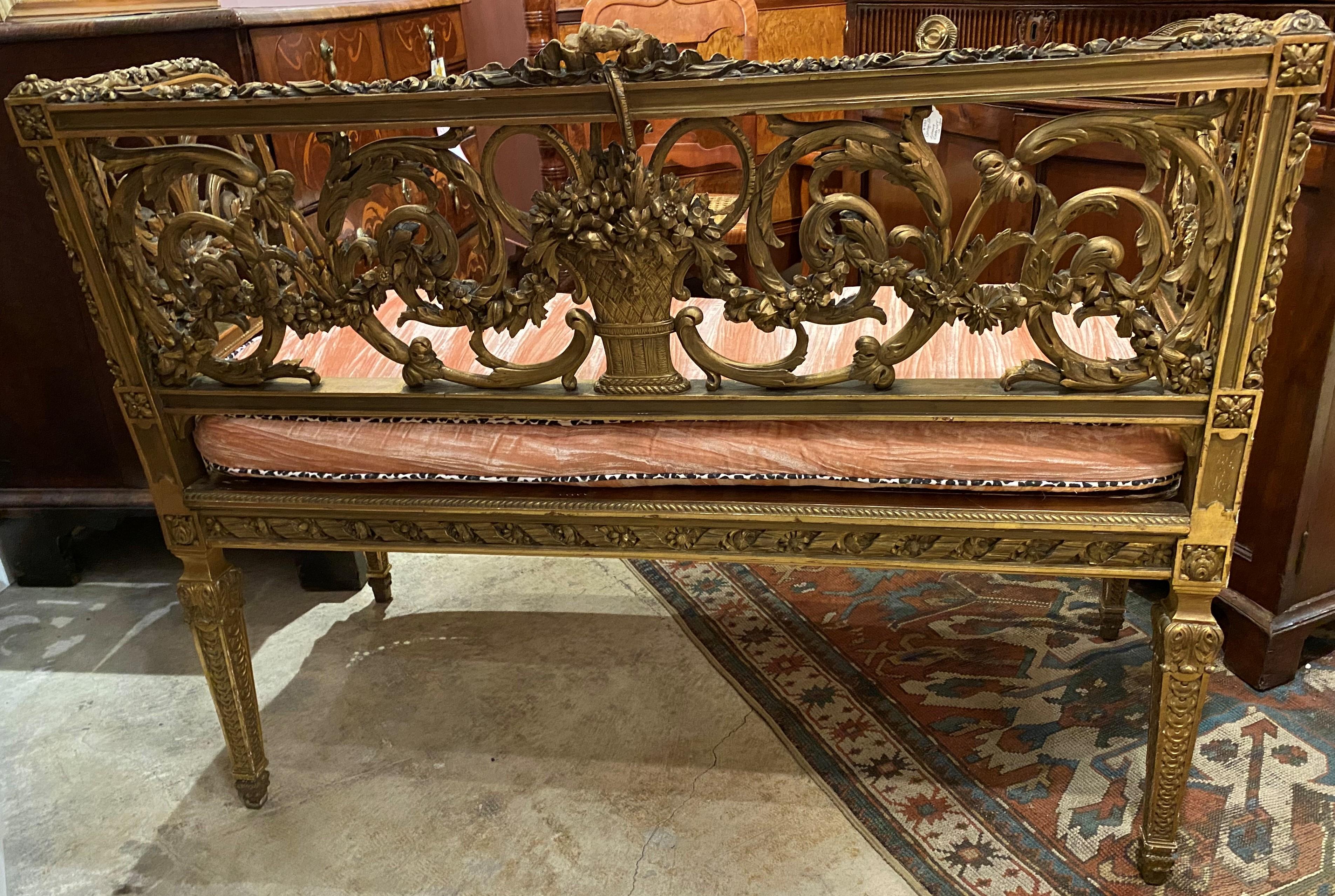 French Louis XVI Style Gilt Carved Back Settee with Caned Seat 5