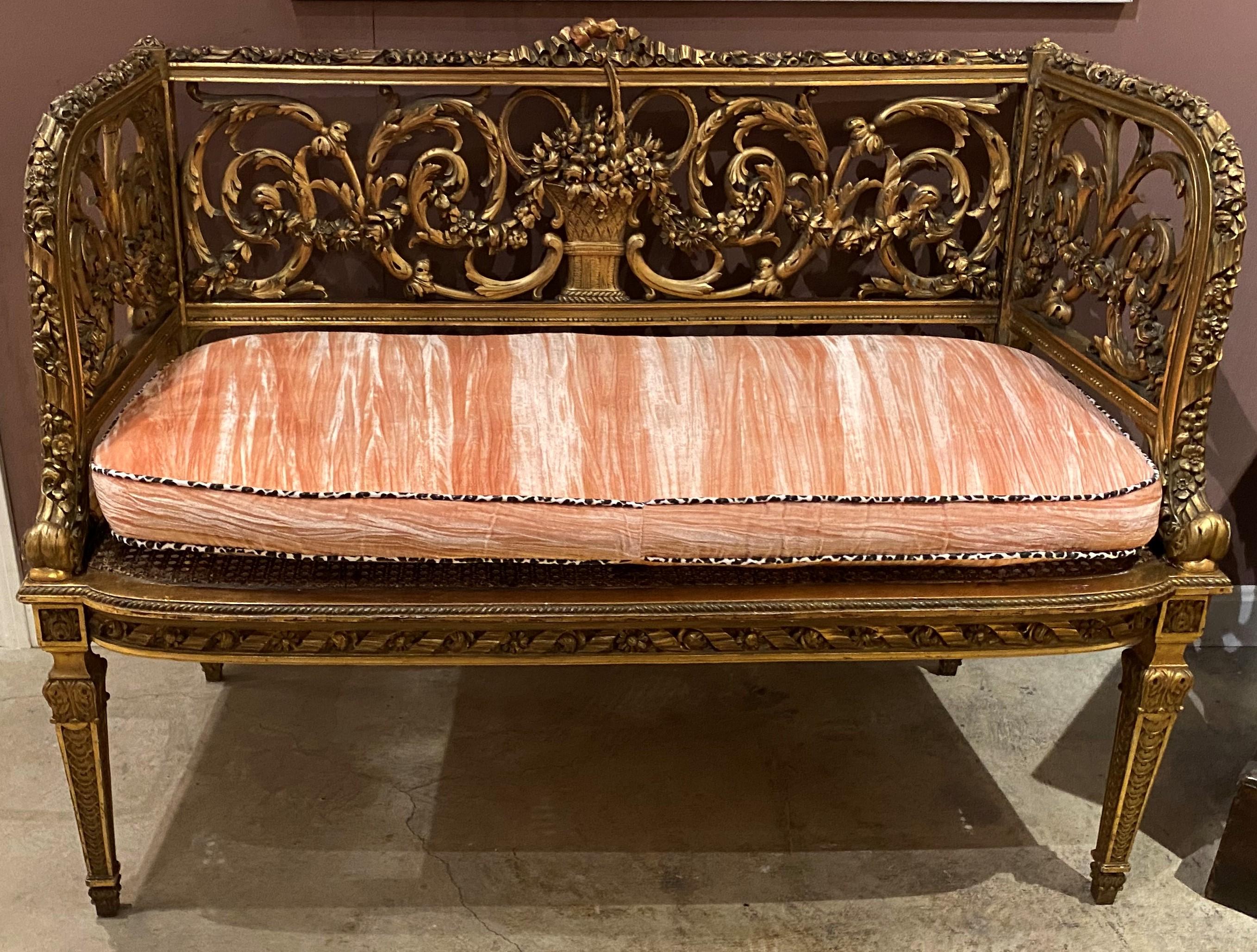 French Louis XVI Style Gilt Carved Back Settee with Caned Seat 6