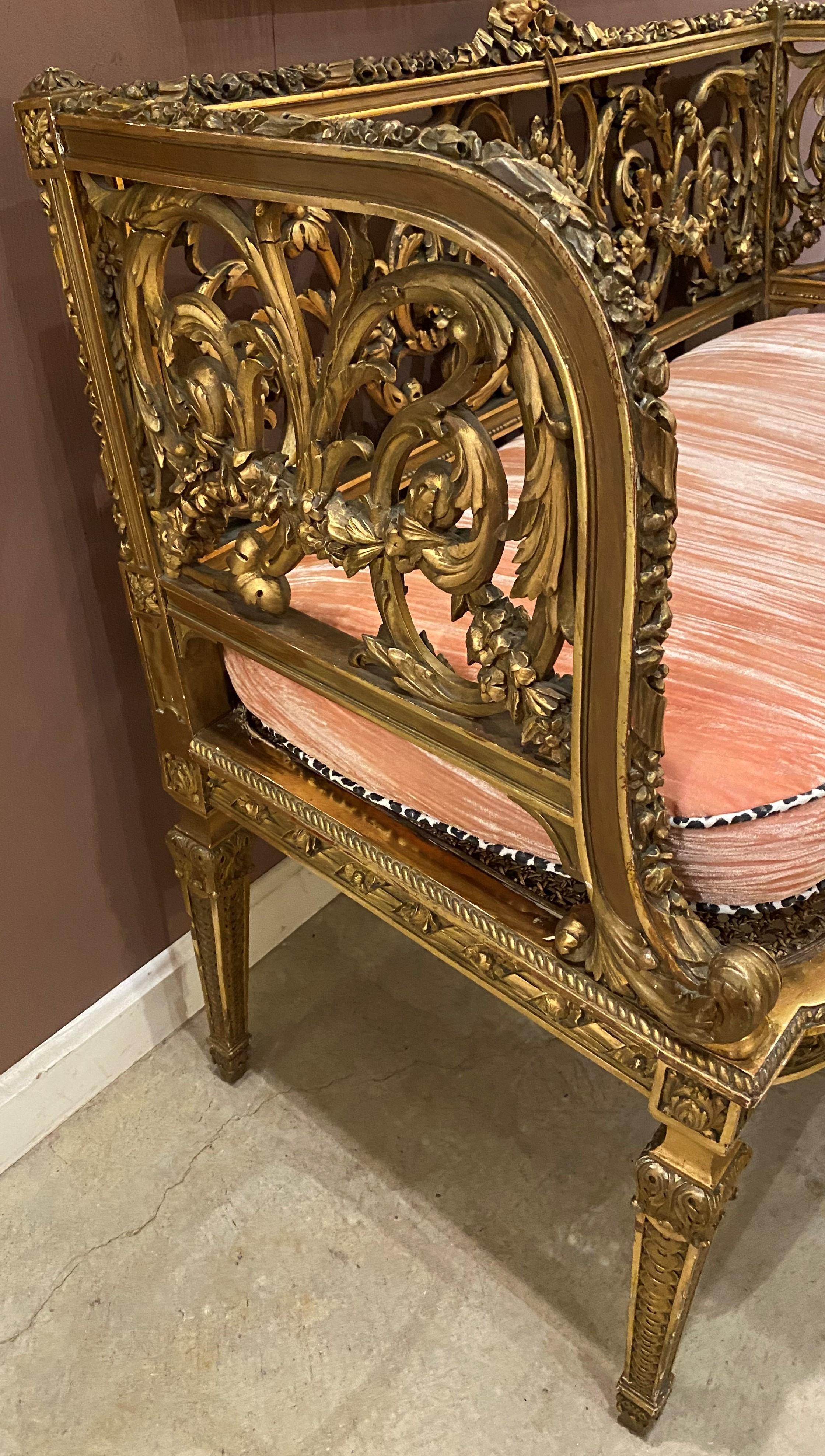French Louis XVI Style Gilt Carved Back Settee with Caned Seat 7