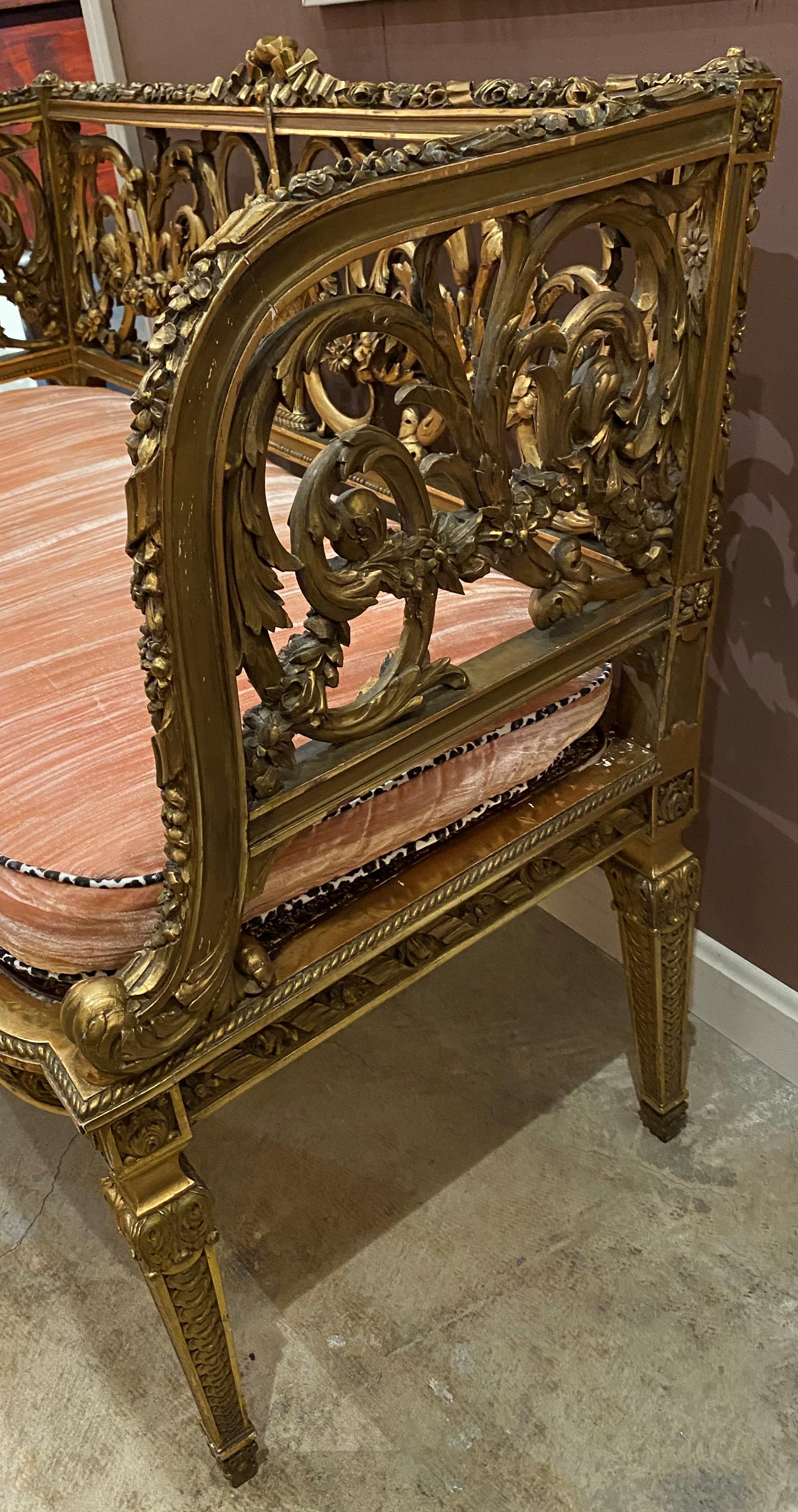 French Louis XVI Style Gilt Carved Back Settee with Caned Seat 8