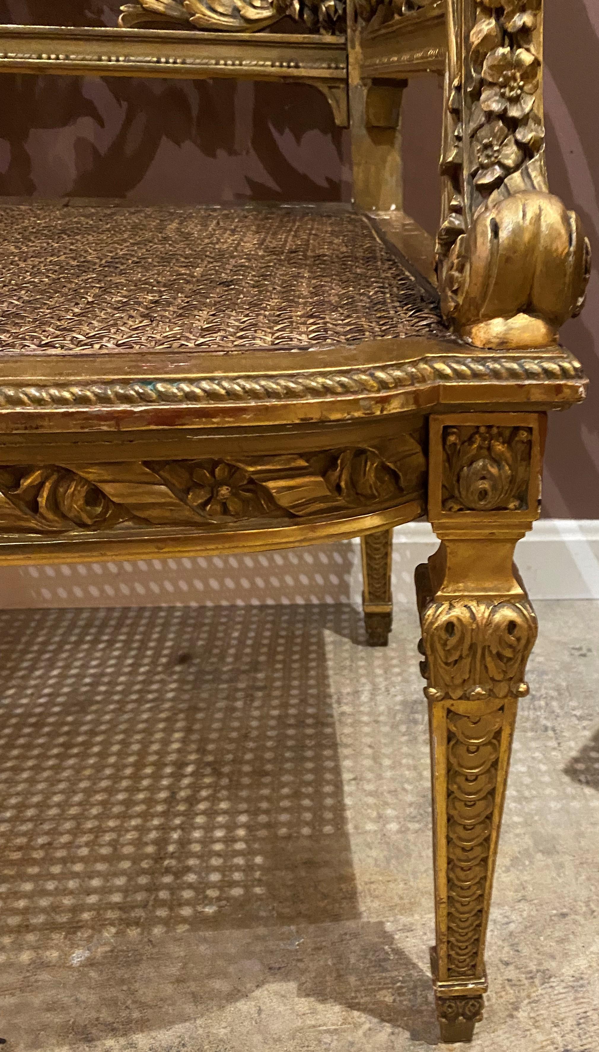 French Louis XVI Style Gilt Carved Back Settee with Caned Seat 1