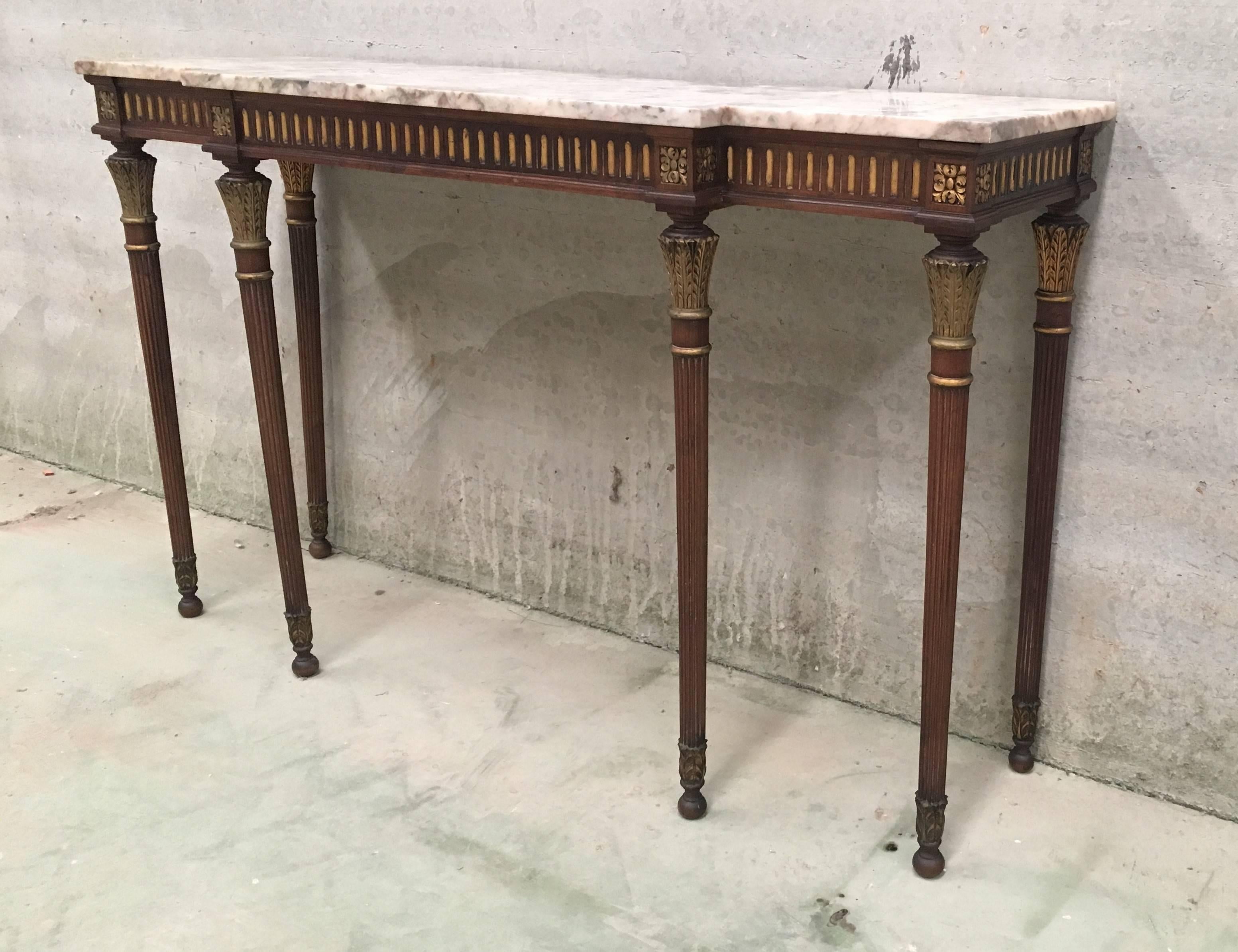 French Louis XVI Style Gilt Decorated Wooden Console Table with Marble Top In Excellent Condition In Miami, FL