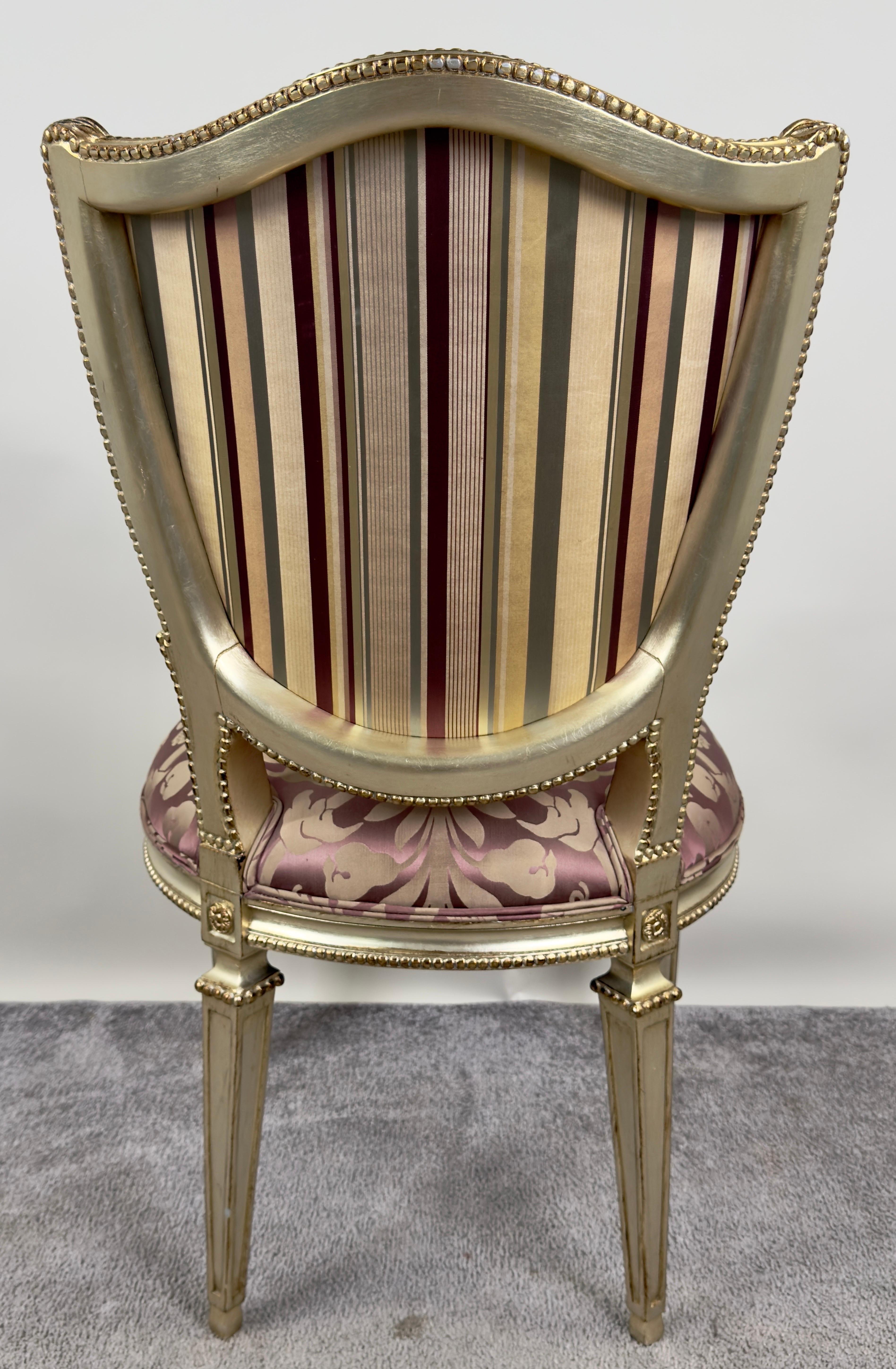 French Louis XVI Style Gilt & Plum Damask Pattern Upholstery Dining Chairs 10pcs 7