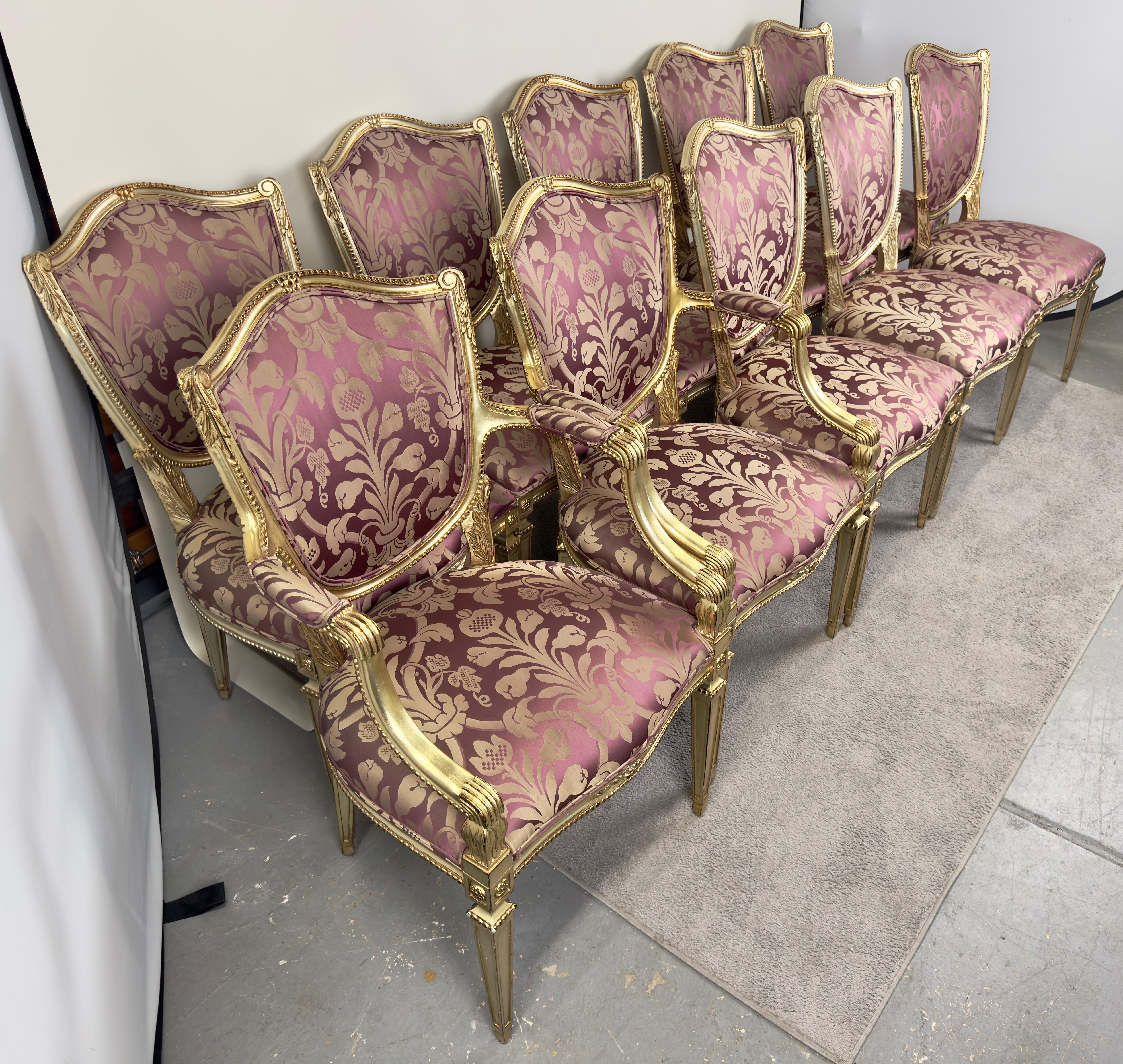 Chaises de salle à manger de style Louis XVI dorées et à motif damas prune 10 pièces 12