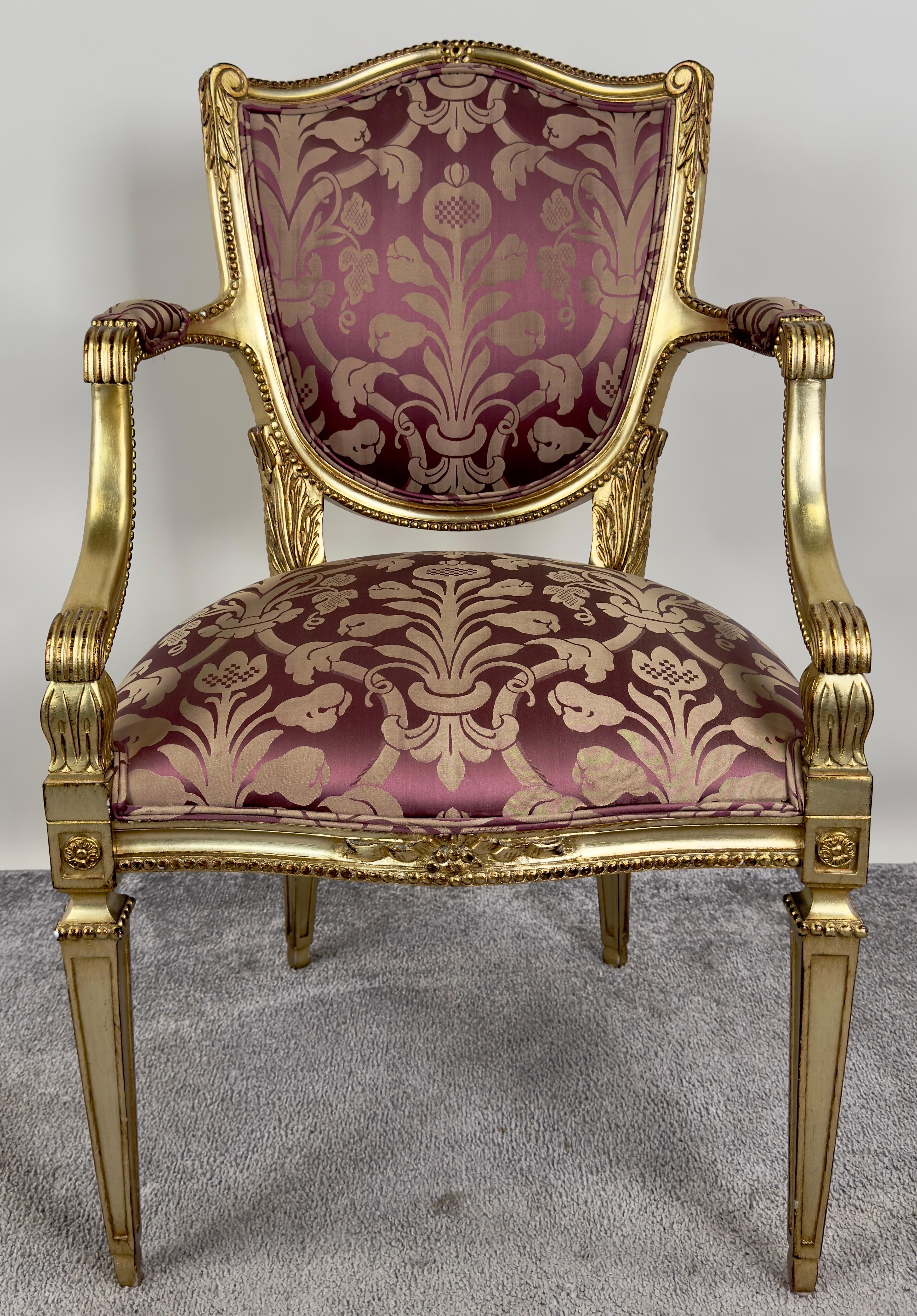 Européen Chaises de salle à manger de style Louis XVI dorées et à motif damas prune 10 pièces