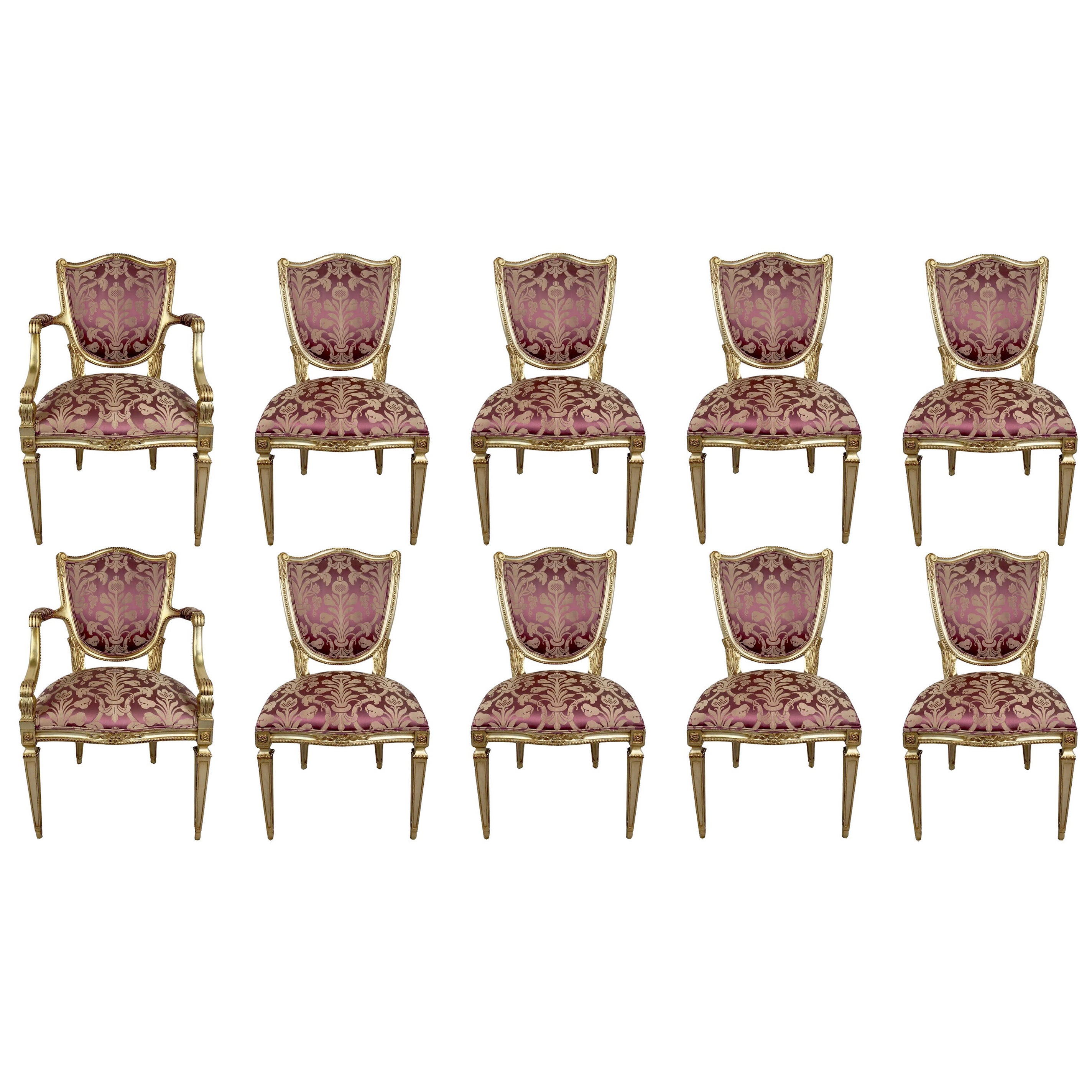 French Louis XVI Style Gilt & Plum Damask Pattern Upholstery Dining Chairs 10pcs