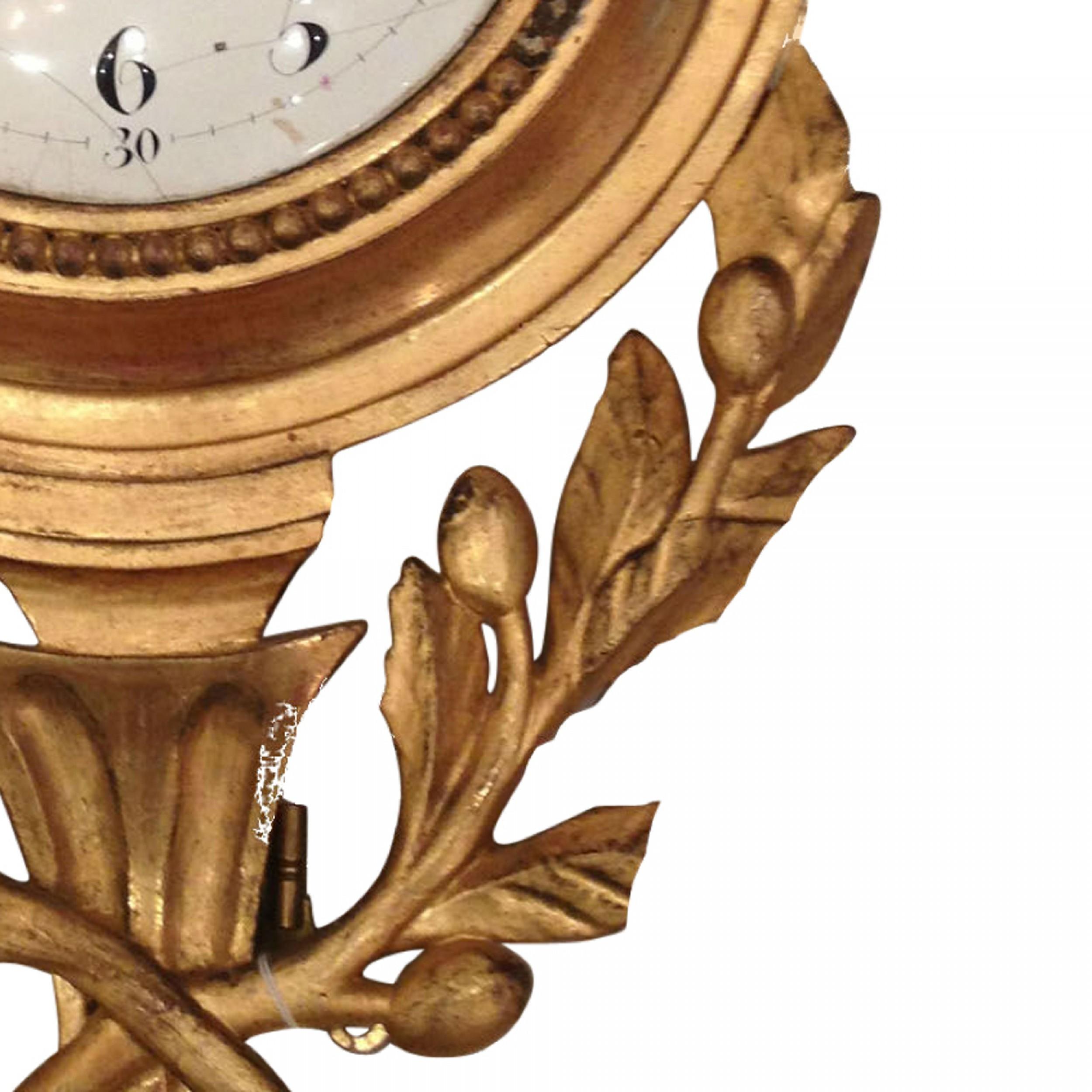Hand-Carved French Louis XVI Style Gilt Wall Clock For Sale
