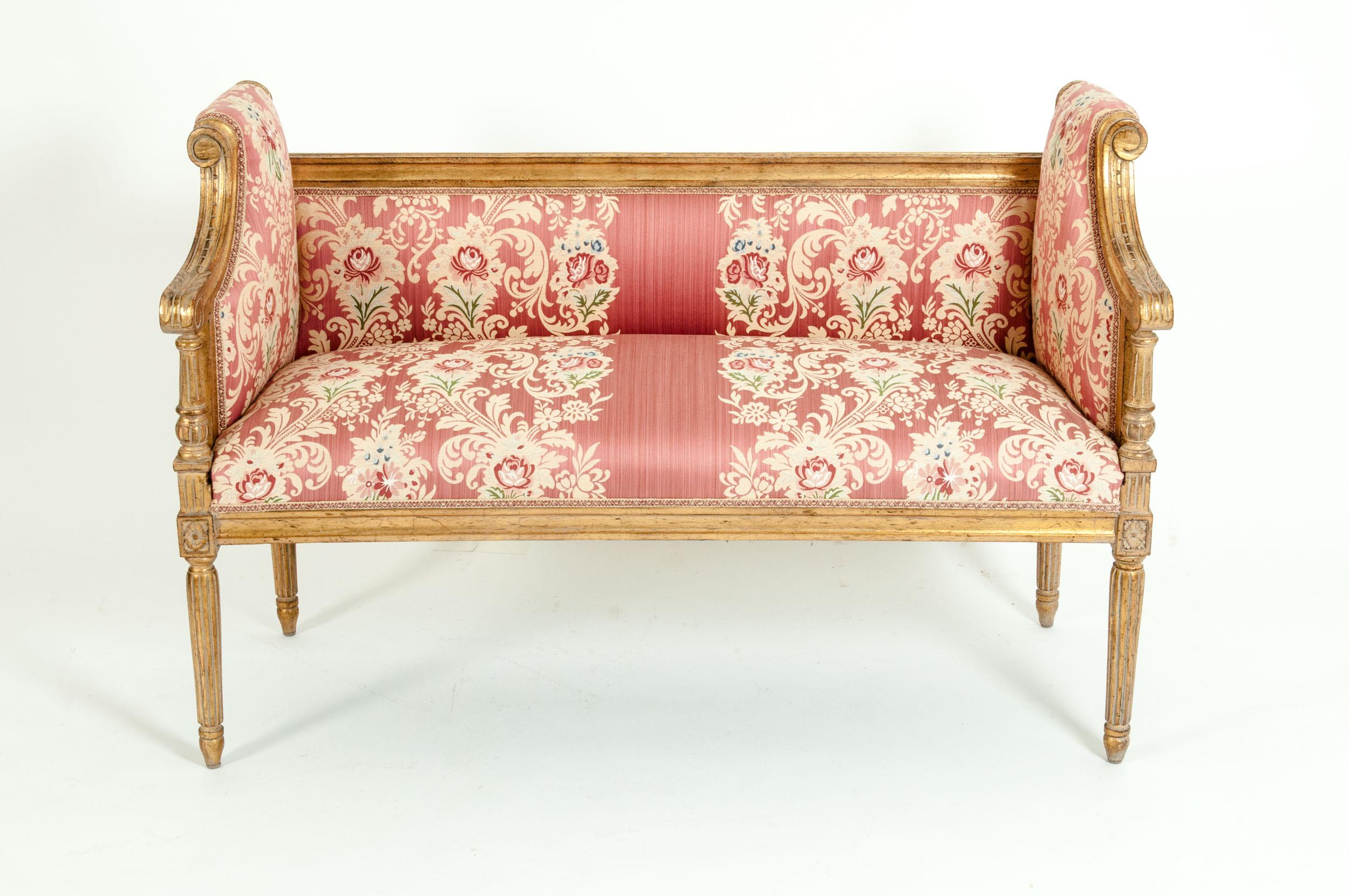 French Louis XVI style giltwood frame settee with rose embroidered silk upholstery. Very immaculate. The settee is very sturdy and in excellent vintage condition. Minor wear consistent with age / use. The settee measure about 47 inches wide X 32