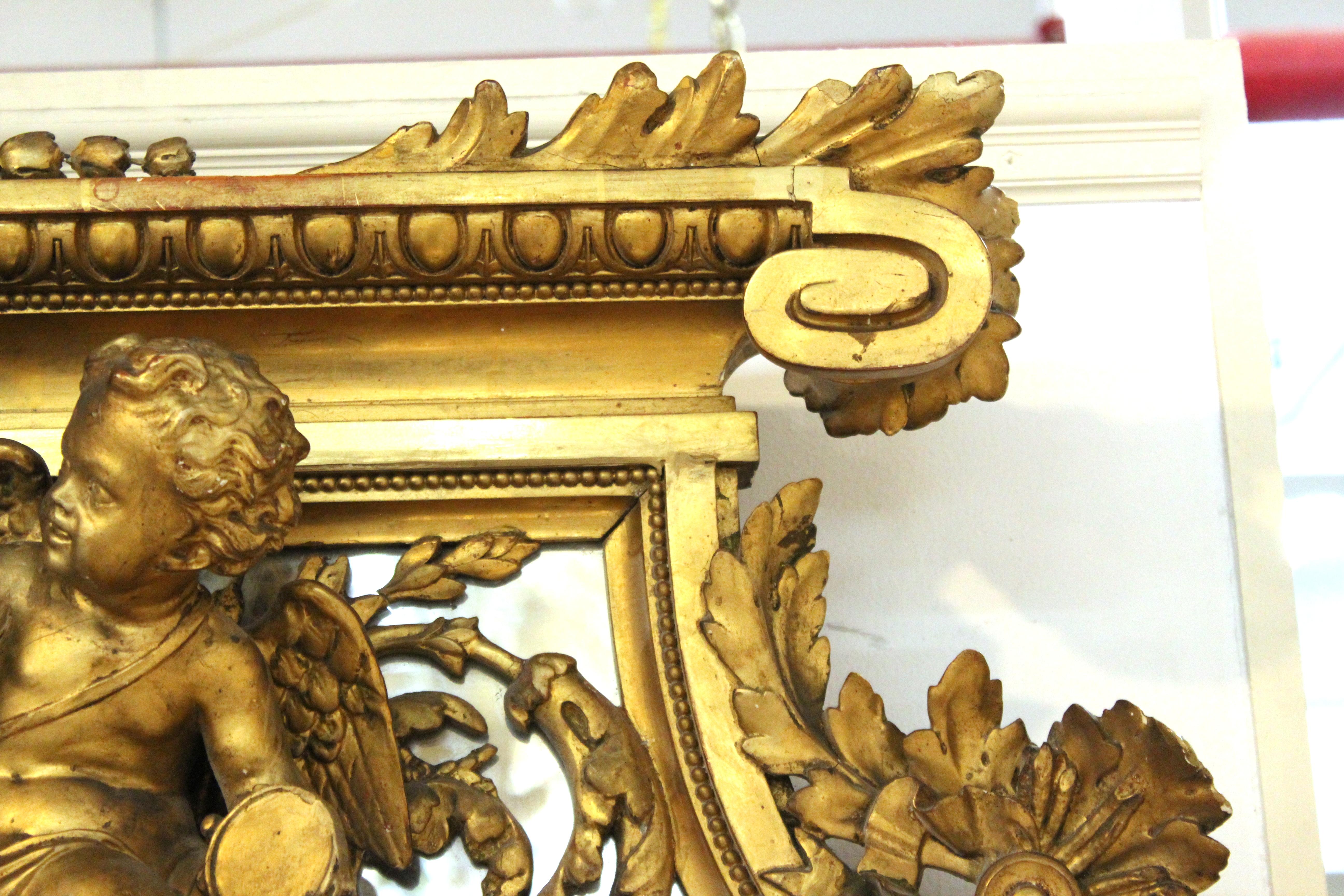 French Louis XVI Style Giltwood Mirror with Putti and Oval Center, 19th Century 7