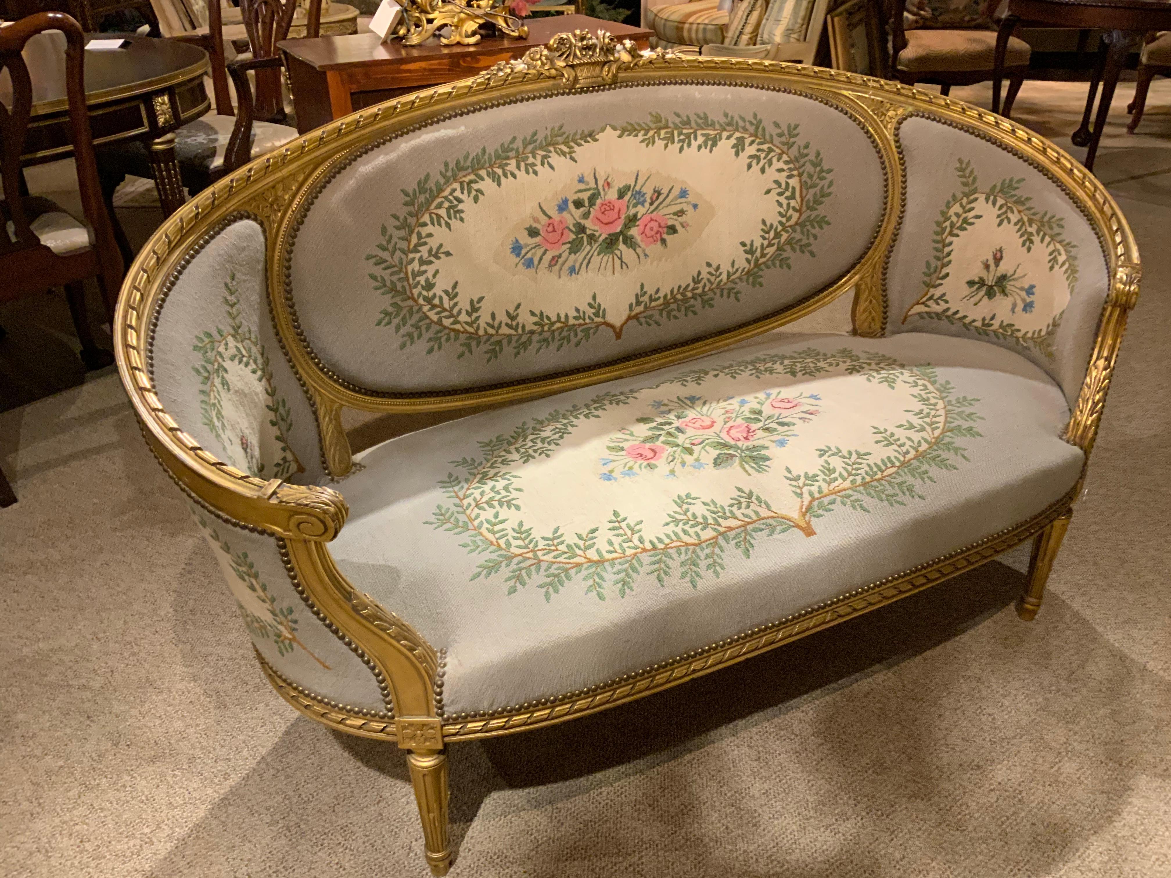 19th Century French Louis XVI-Style Gilt Wood Settee/Canapé  with Needlepoint