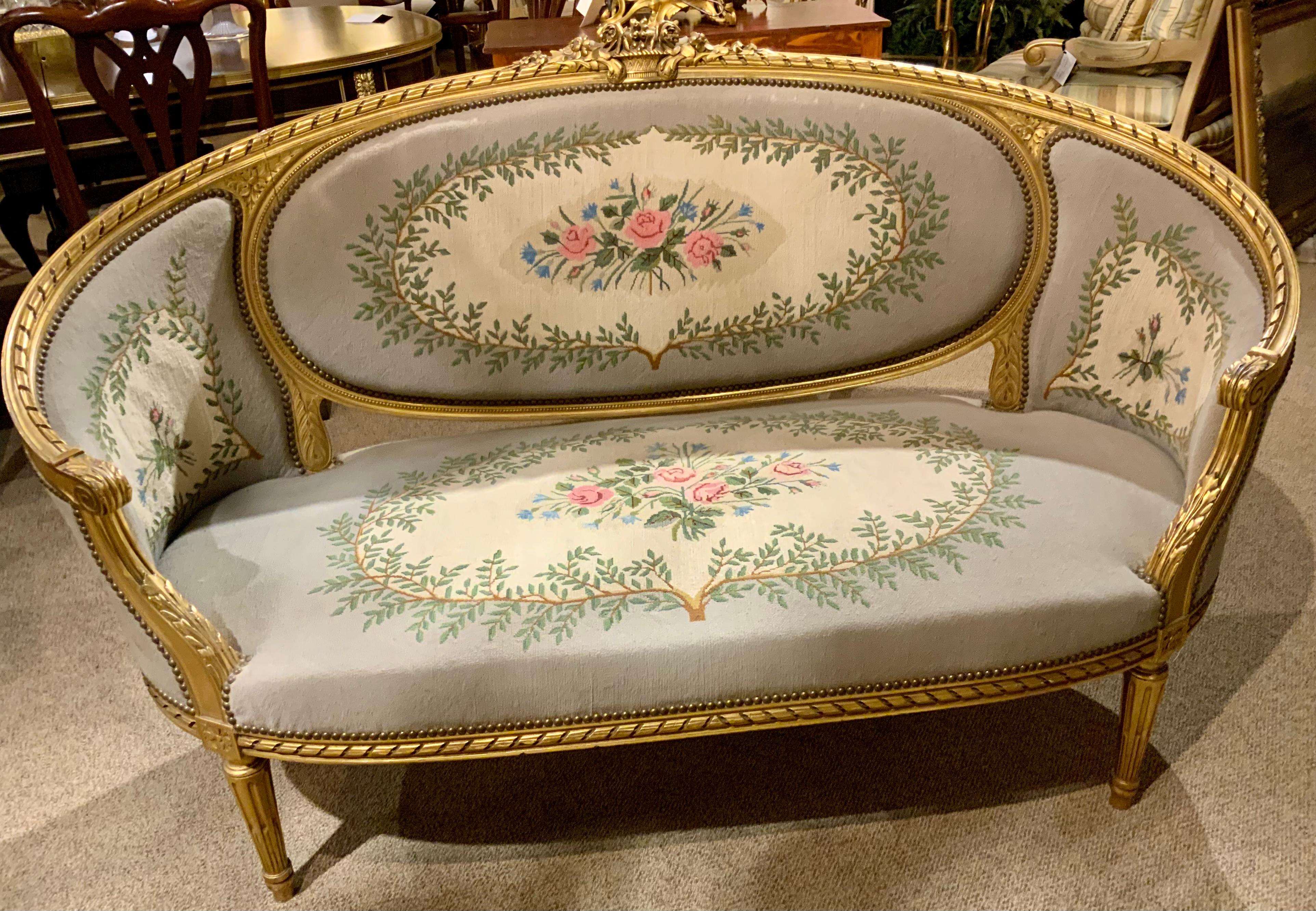 French Louis XVI-Style Gilt Wood Settee/Canapé  with Needlepoint 3