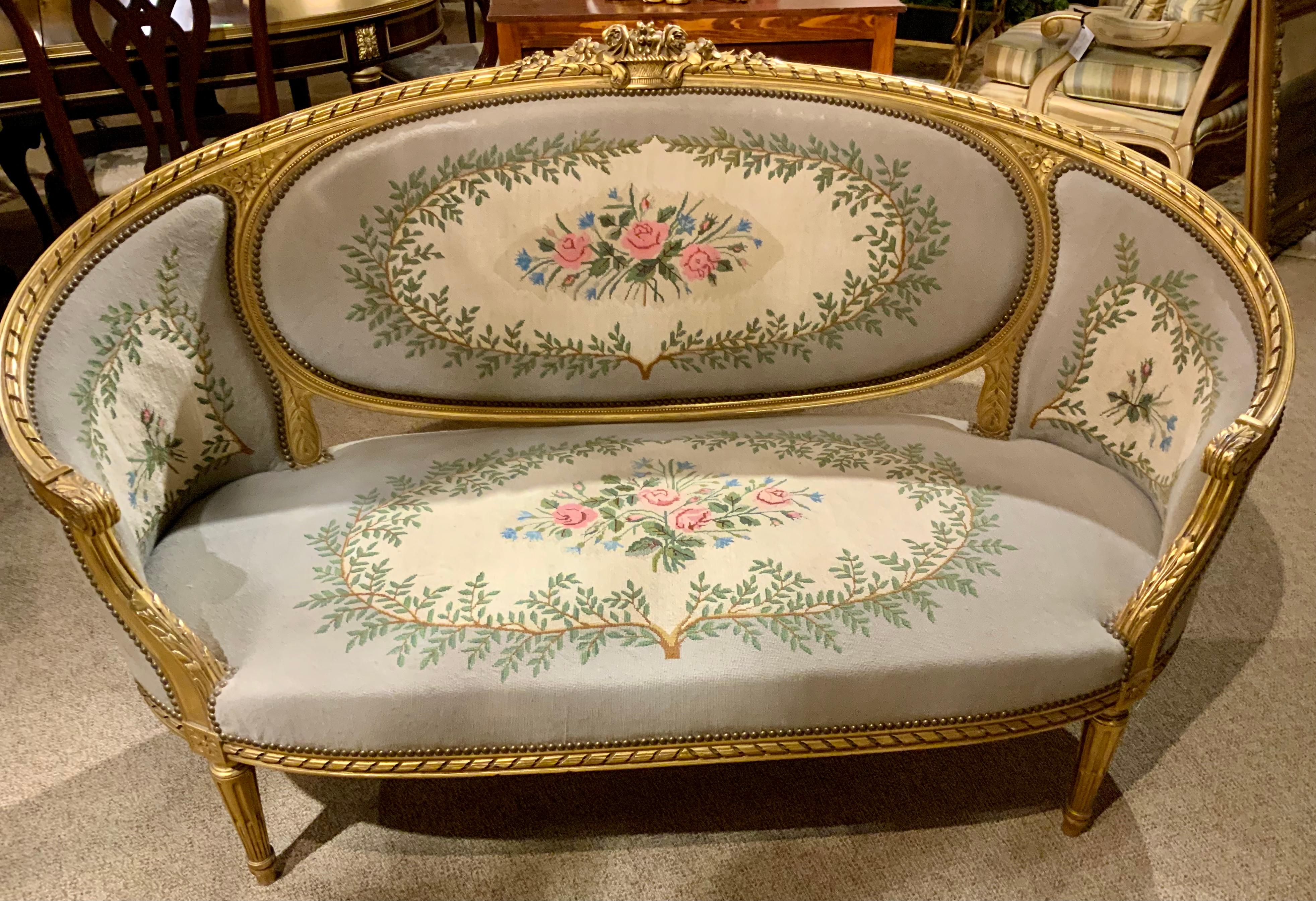 French Louis XVI-Style Gilt Wood Settee/Canapé  with Needlepoint 4