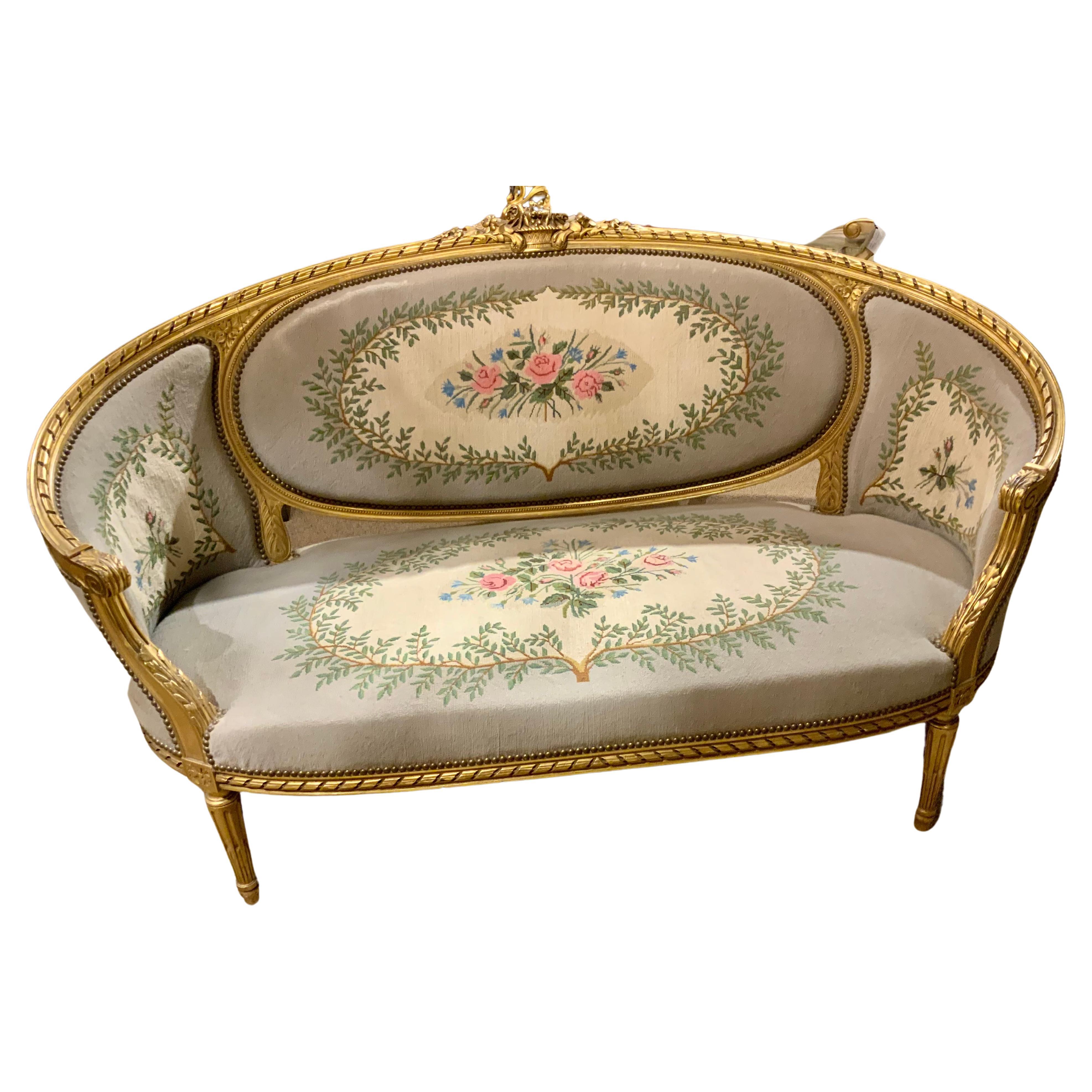 French Louis XVI-Style Gilt Wood Settee/Canapé  with Needlepoint